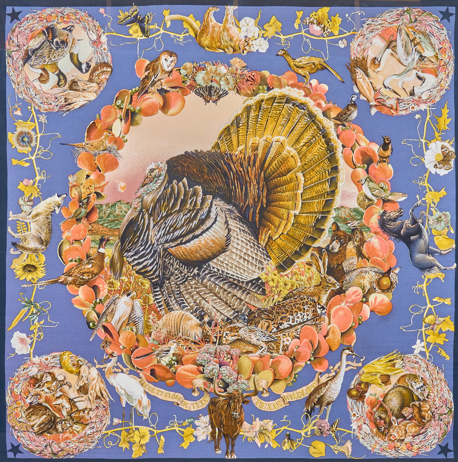 Kermit Oliver / Hermès, "Faune et Flore du Texas", Framed: Kermit Oliver (Texas, b. 1943) designing for Hermès Paris, "Faune et Flore du Texas", silk square scarf with blue colorway visible scarf: 35 x 35 in. (90cm carré),