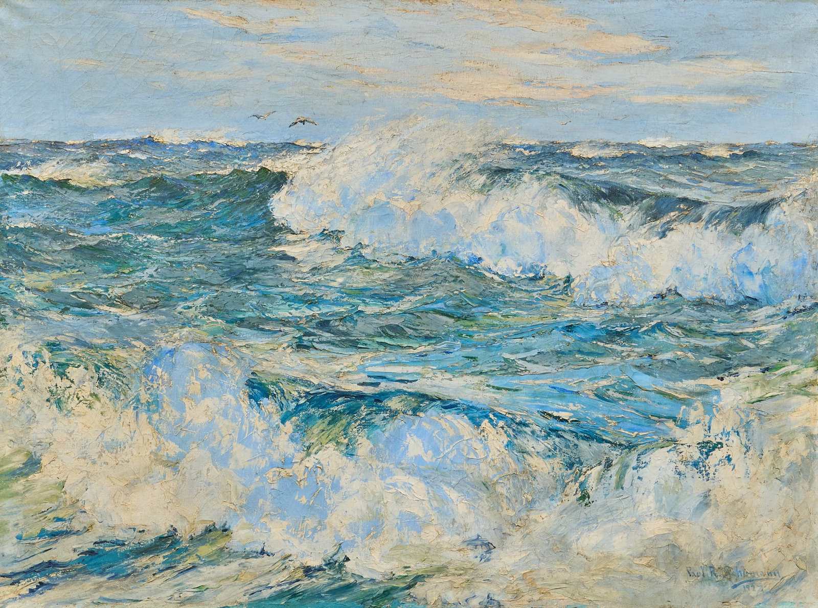 Paul R. Schumann, Galveston Waves, 1927: Paul Richard Schumann (Texas, 1876-1946), crashing waves (likely off the Texas Gulf Coast near Galveston, following Schumann's one-man exhibition in 1926 at the Galveston Art League), oil on