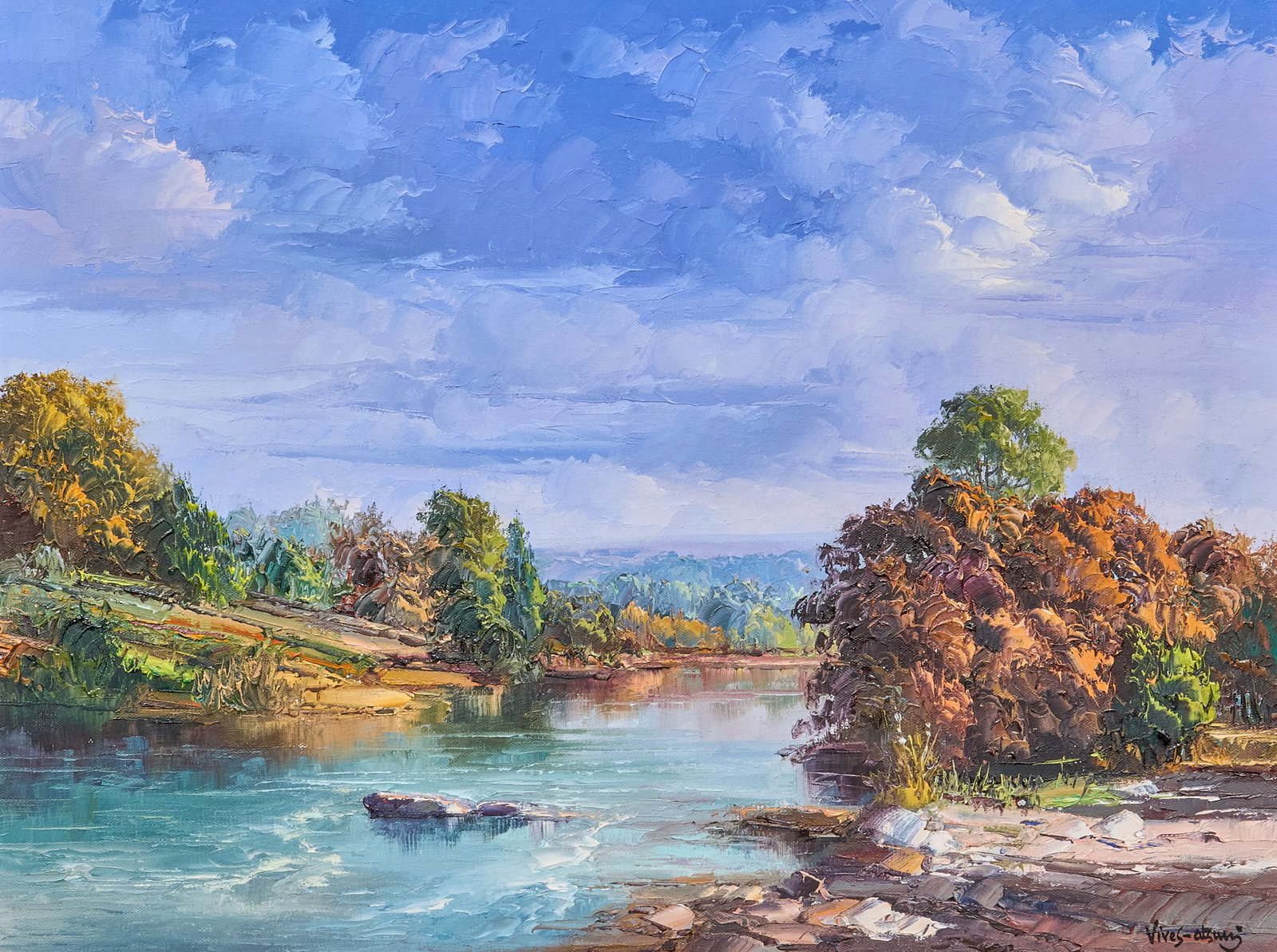Jose Vives-Atsara, "The Blanco River": Jose Vives-Atsara (Spain / San Antonio, Texas, 1919-2004), "The Blanco River" -- San Antonio, Texas, signed lower right, inscribed on the verso with title, signature, and date, 1973 sig
