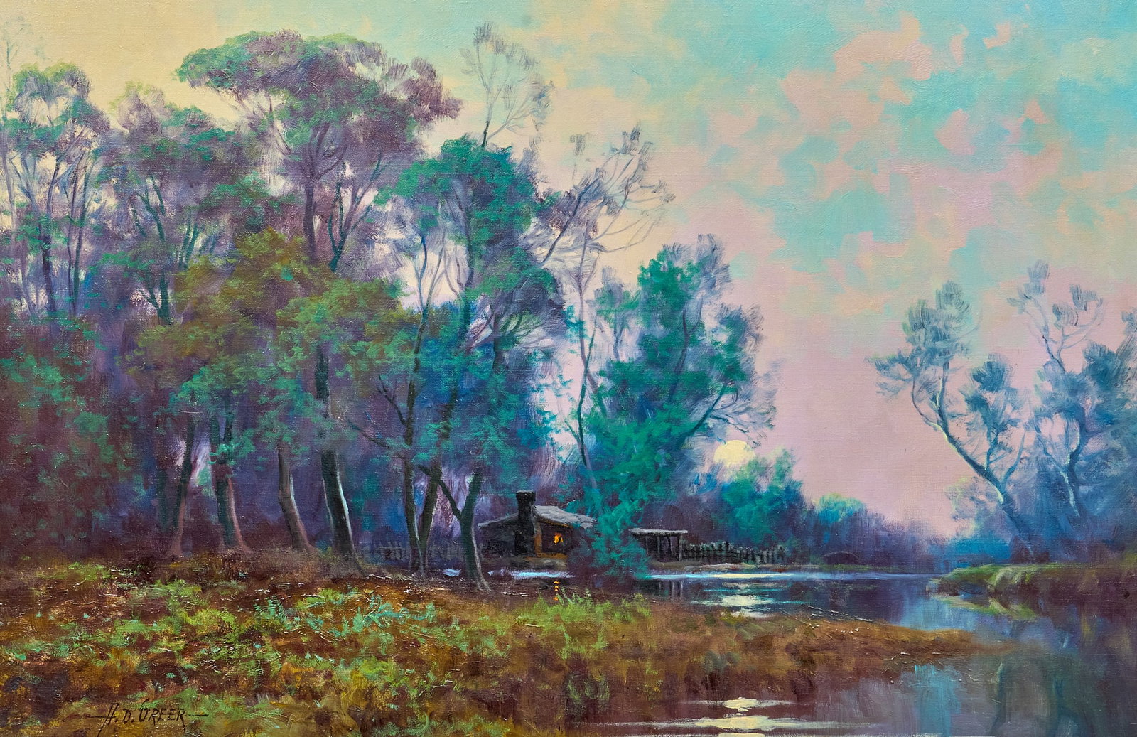 A. D. Greer, "Moonset": Aubrey Dale Greer (Oklahoma / Texas, 1904-1998), "Moonset", oil on canvas, signed lower left, titled on the top stretcher bar sight: 24 x 36 in., frame: 36 x 48 in.