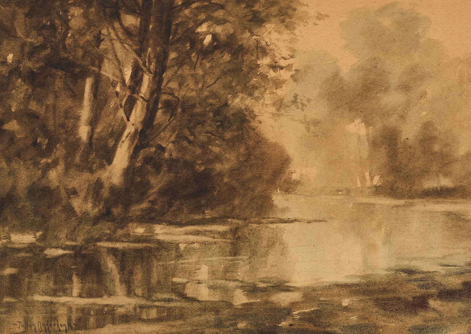 Julian Onderdonk, River Watercolor: Julian Onderdonk (Texas / New York, 1882-1922), atmospheric river scene, watercolor on paper, signed lower left sight: 25 x 19 in., frame: 29.5 x 23.5 in. Provenance: Property from a home in San