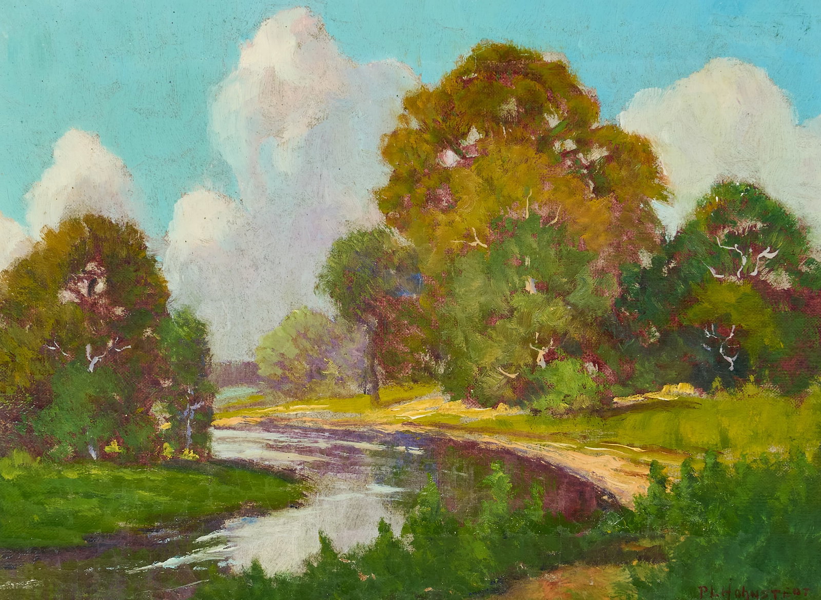 P. L. Hohnstedt, Landscape with Pond: Peter Lanz Hohnstedt (Texas, 1871-1957), landscape with pond, oil on canvas, signed lower right sight: 12 x 16 in., frame: 17 x 21 in. Provenance: Property from a home in San Antonio, Texas Peter