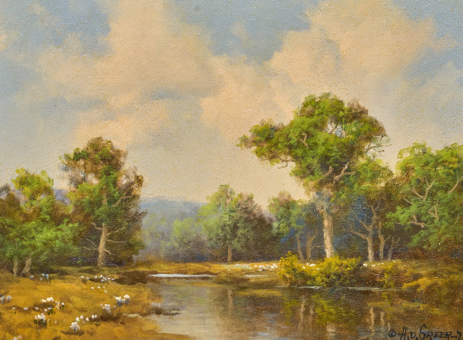 A. D. Greer, Texas River: Aubrey Dale Greer (Oklahoma / Texas, 1904-1998), Texas riverbank scene, oil on canvas, signed lower right, artist's dedication on the top stretcher bar sight: 12 x 16 in., frame: 21 x 25 in. Prove