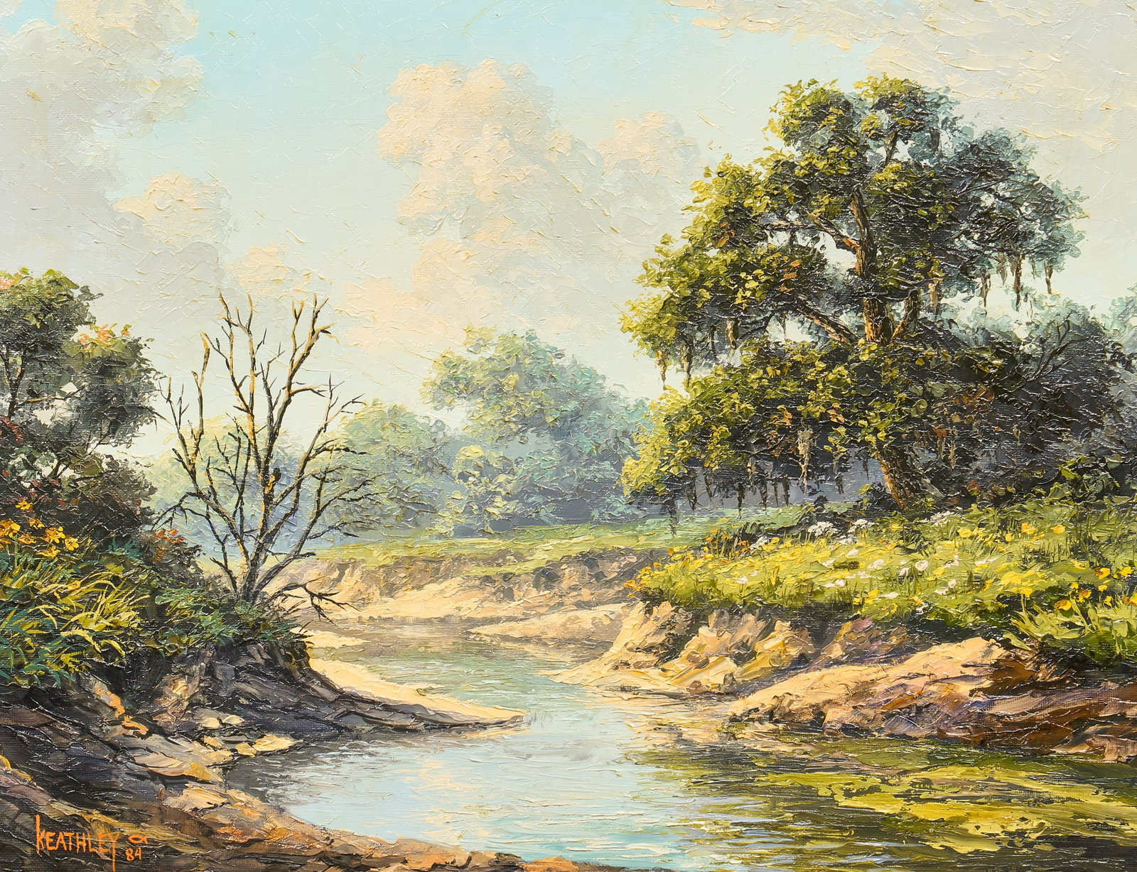 Mark Keathley, Creek with Wildflowers: Mark Keathley (Texas, b. 1963), Texas creek with wildflowers, oil on canvas, signed and dated lower left, 1984 sight: 14 x 18 in., frame: 20 x 24 in. Provenance: Property from a home in Victoria, Texa