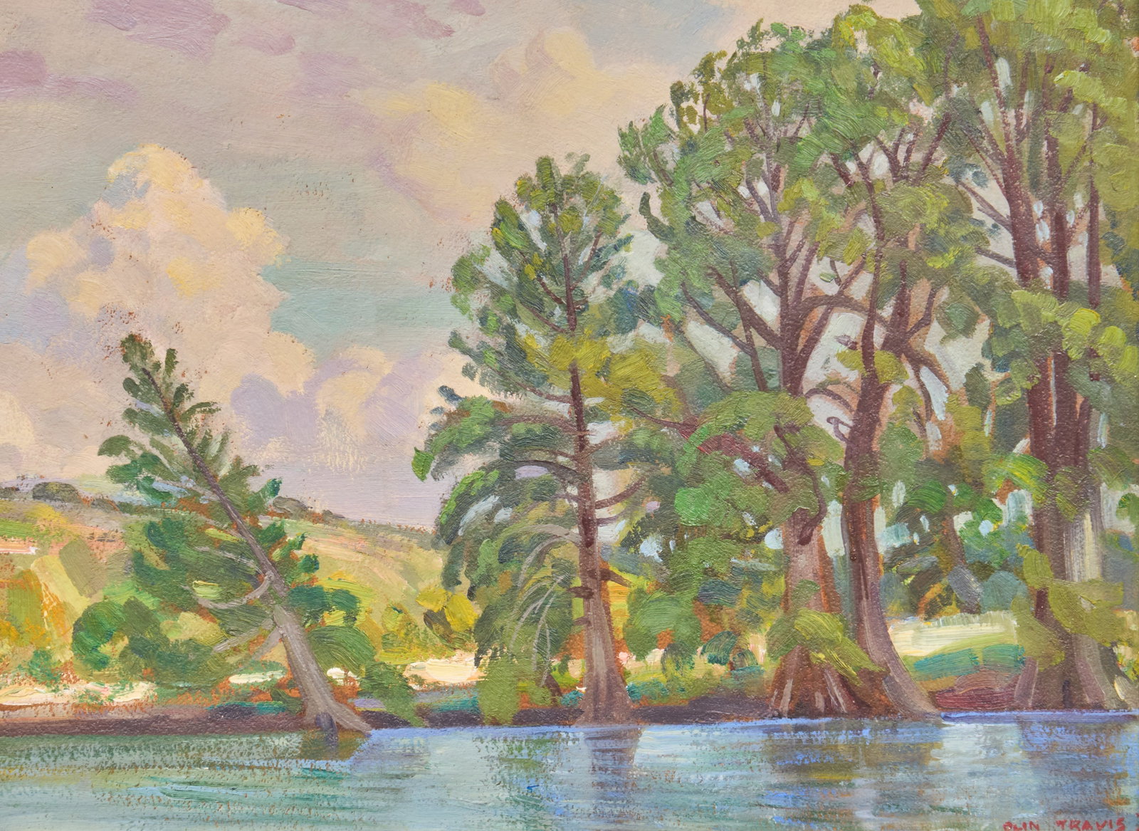Olin Travis, "Camp Waldemar": Olin Herman Travis (Texas, 1888-1975), "Camp Waldemar, Hunt, Texas -- Guadalupe River", oil on panel, signed lower right, inscribed on the verso, dated May 1974; with Joseph Sartor