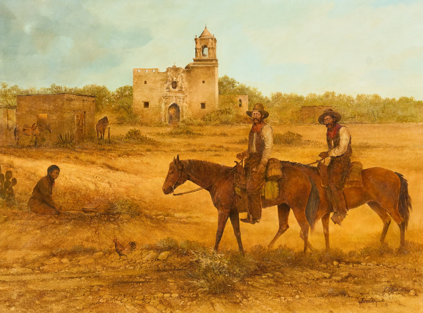 Raul Gutierrez, Riders at Mission San Jose: Raul Gutierrez (Texas, b. 1935), two riders outside Mission San Jose, oil on canvas, signed lower right sight: 36 x 48 in., frame: 51 x 63.5 in. Provenance: Property from the