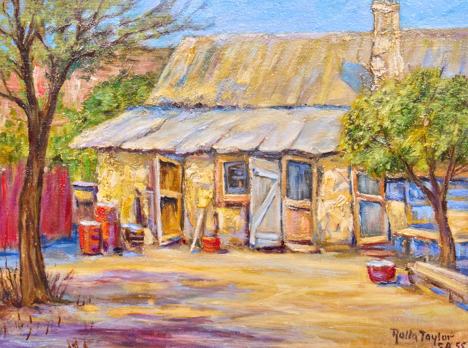 Rolla Sims Taylor, "Tin Can Alley Off Laredo Street": Rolla Sims Taylor (Texas, 1872-1970), "Tin Can Alley (Off Laredo Street)" seen in San Antonio, Texas, oil on canvas panel, signed and dated lower right, "SA '55" sight: 12 x