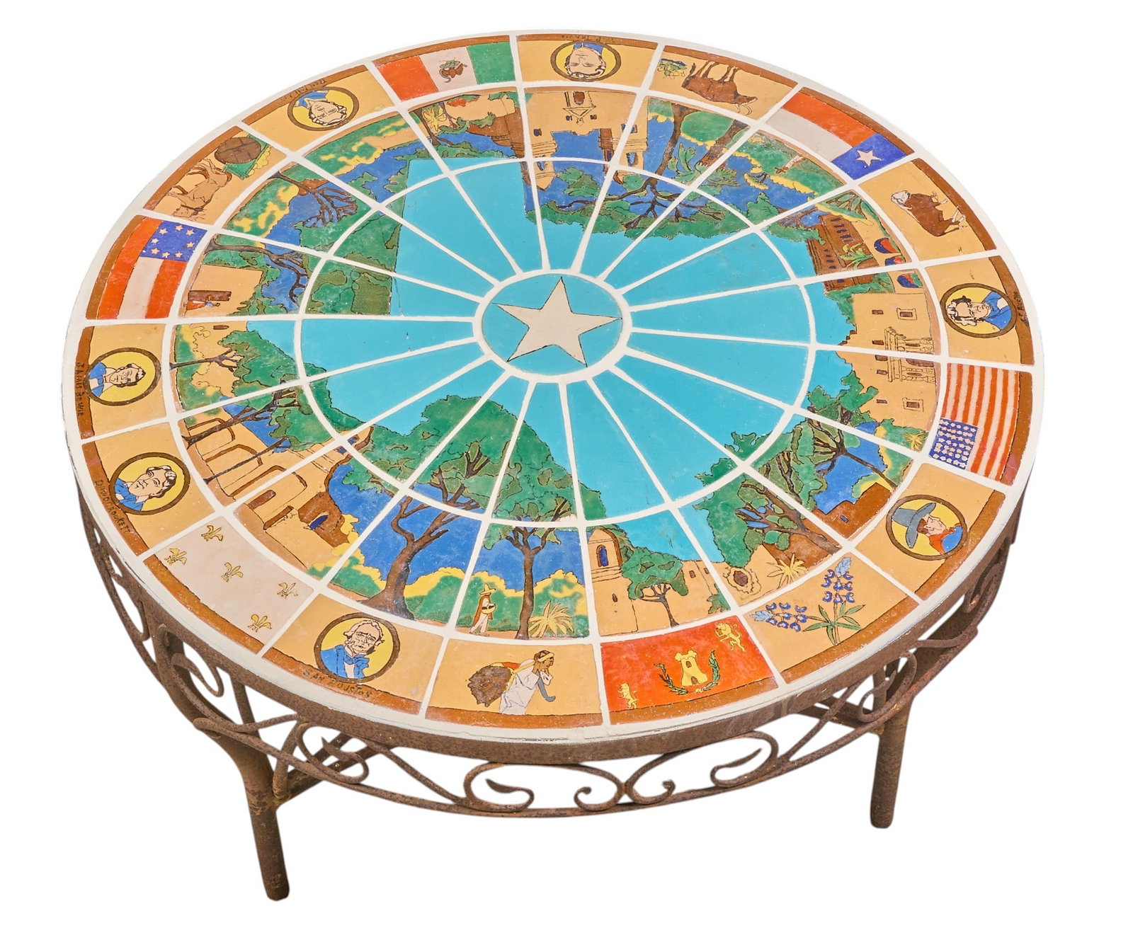San Jose Pottery, Texas Tile Top Table: San Jose Pottery (directed by Ethel Wilson Harris, San Antonio, Texas), round table comprised of fifty-five (55) tiles, an ode to Texas history with a central silhouette of the state of Texa