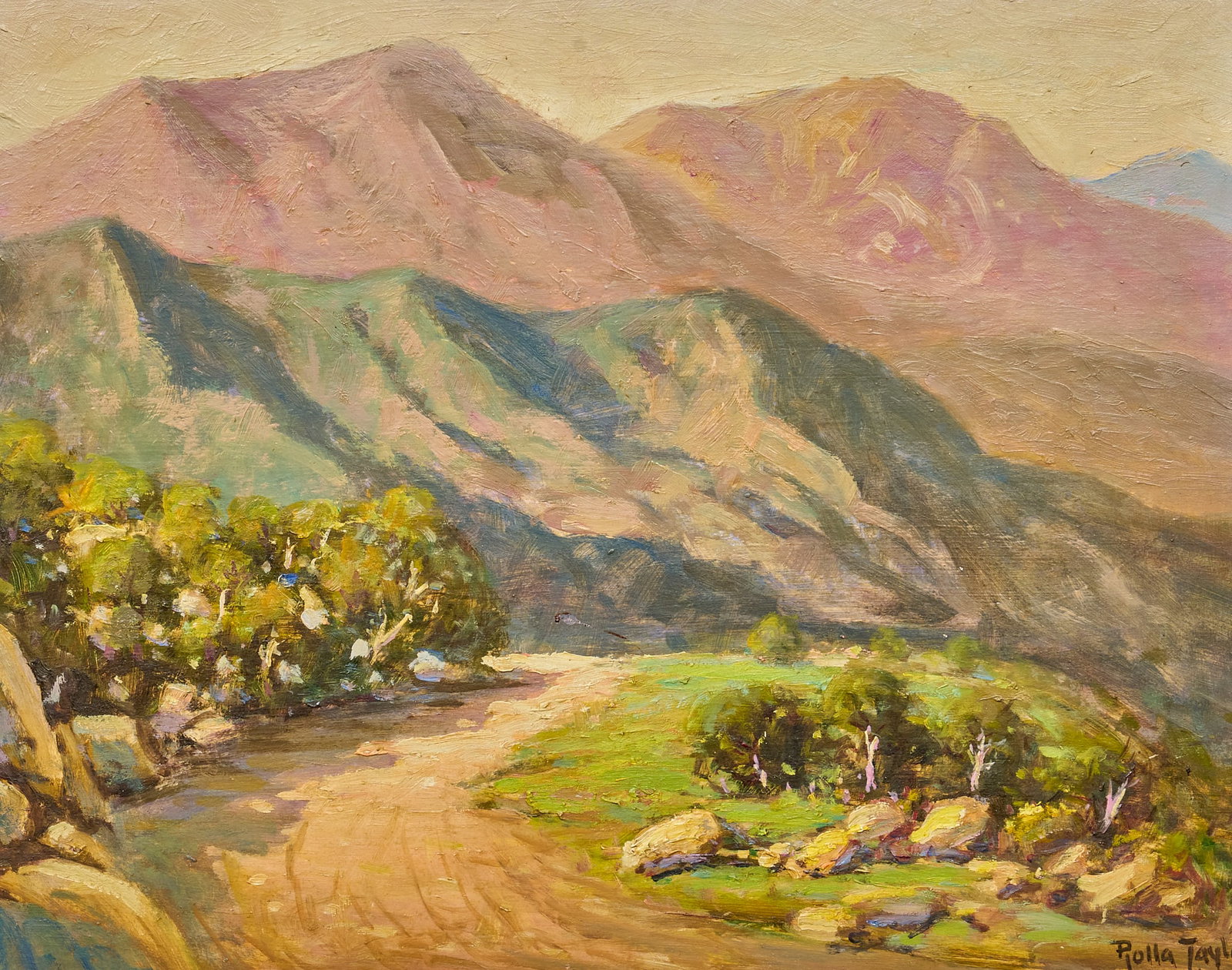 Rolla Taylor, "Winding Road, Big Bend", 1924: Rolla Sims Taylor (Texas, 1872-1970), "Winding Road, Big Bend", oil on canvas panel, signed and dated lower right, 1924, signed again and titled on the verso sight: 16 x 20 in., frame: 20 x