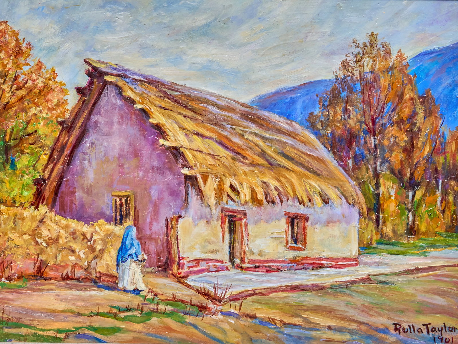 Rolla Sims Taylor, Mexican Hut, 1901: Rolla Sims Taylor (Texas, 1872-1970), Mexican jacal or hut with woman in blue shawl, oil on panel, signed and dated lower right, 1901 sight: 12 x 16 in., frame: 17.5 x 21.5 in. Provenance:
