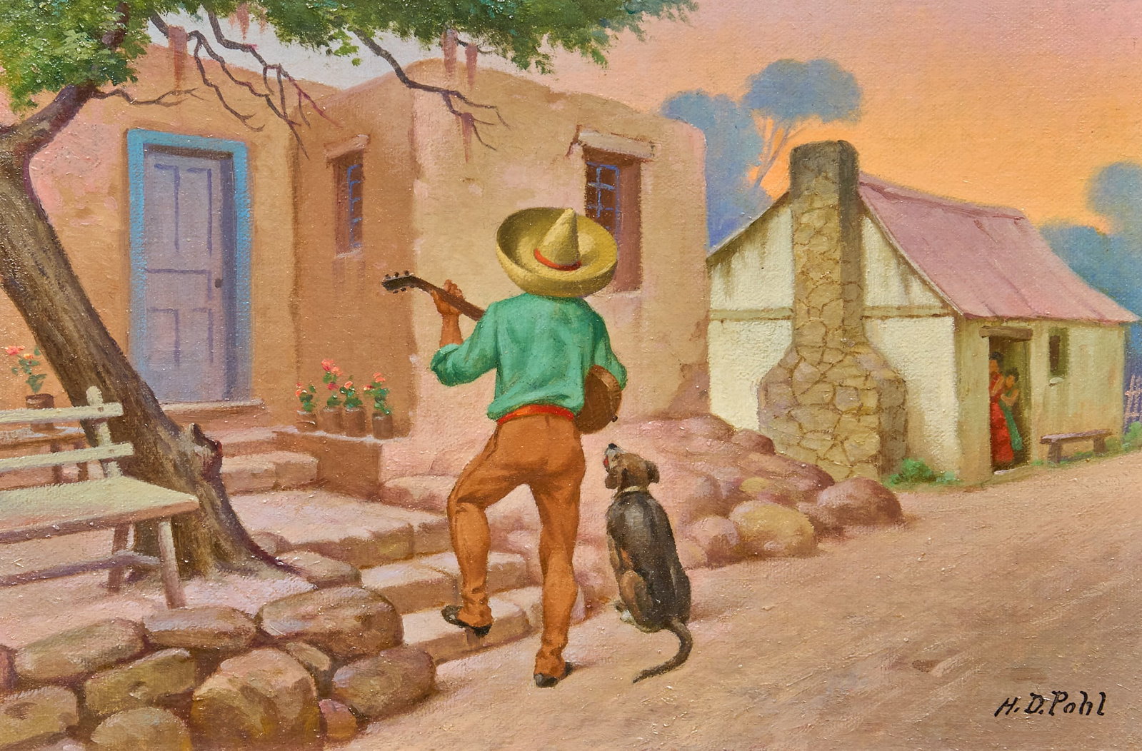 Hugo Pohl, Serenade by Man and Dog: Hugo David Pohl (Texas / California, 1878-1960), man serenading an adobe house with his dog, oil on canvas panel, signed lower right sight: 8 x 12 in., frame: 15 x 18&nbs
