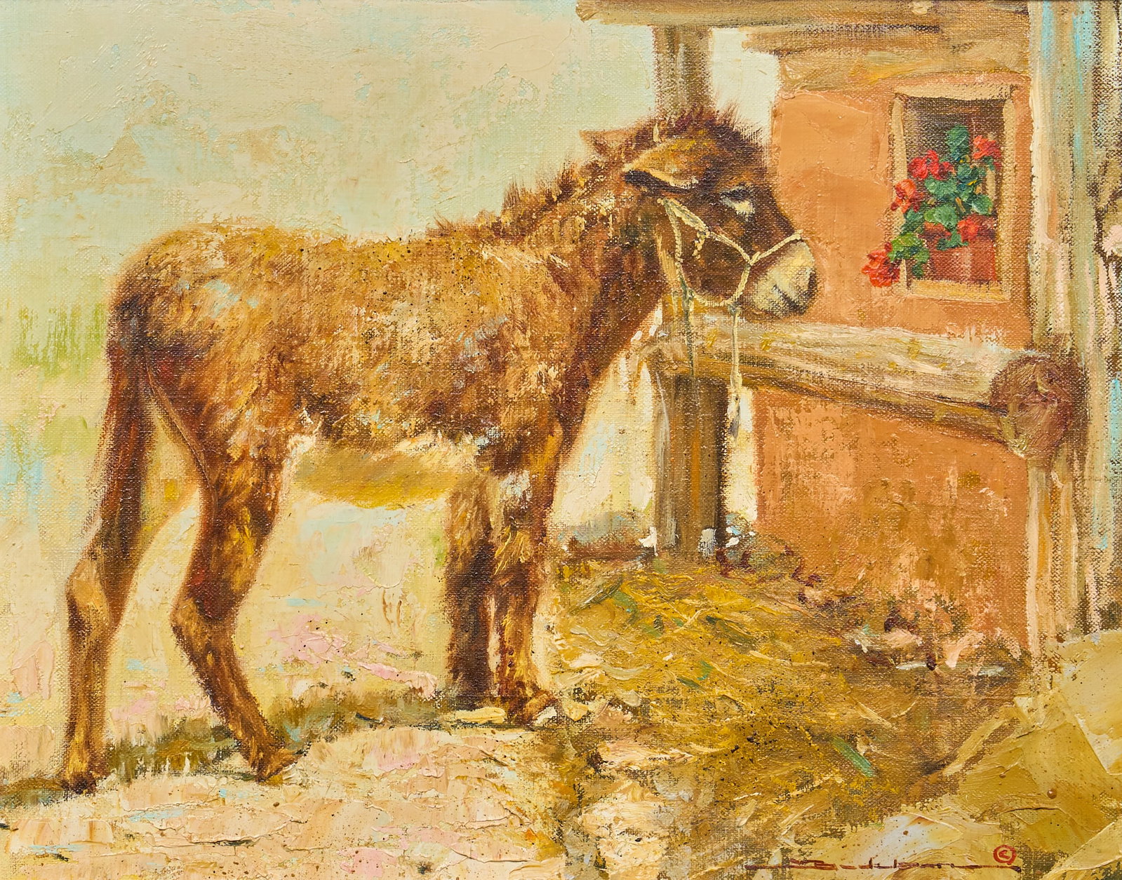 Dan Bodelson, "One Must Stop to Smell the Flowers": Dan P. Bodelson (New Mexico / California, b. 1949), "One Must Stop to Smell the Flowers", oil on canvas, signed lower right, artist's inscription on the verso with signature, title,