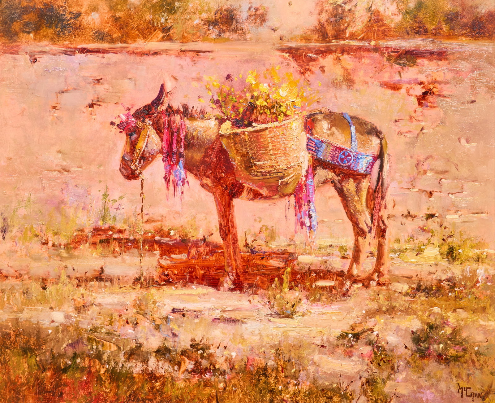 Buck McCain, "Flower Vendor's Burro": Buck McCain (California / Arizona, b. 1943), "Flower Vendor's Burro", oil on panel, signed lower right sight: 28 x 33 in., frame: 34.5 x 40 in. Provenance:
