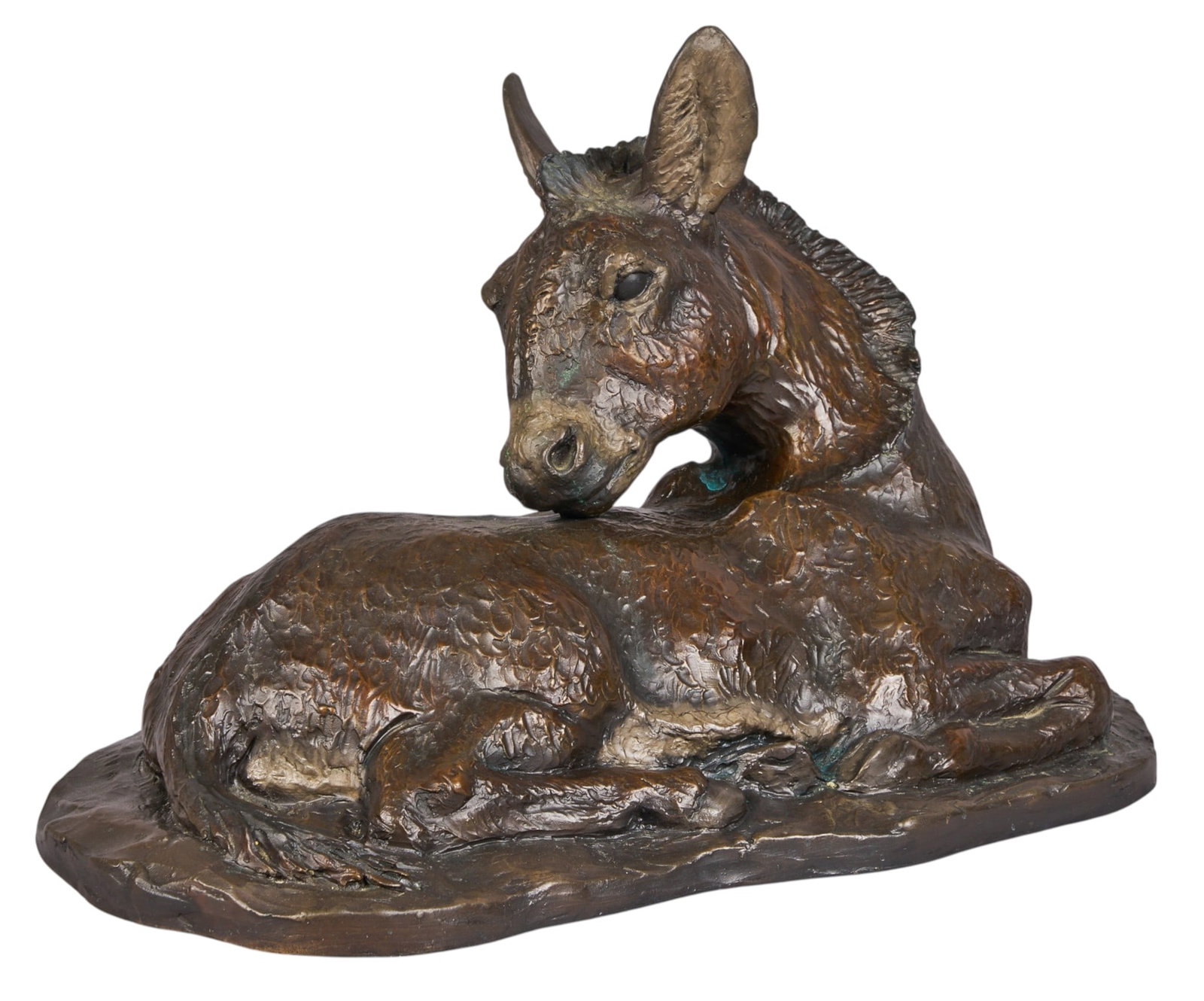 William Turner, Donkey Bronze: William H. Turner (Amer., b. 1943), resting donkey reaching back, artist-cast bronze sculpture, freestanding, with incised signature, edition number 101/300, and date, 2004 height 7 in. x width