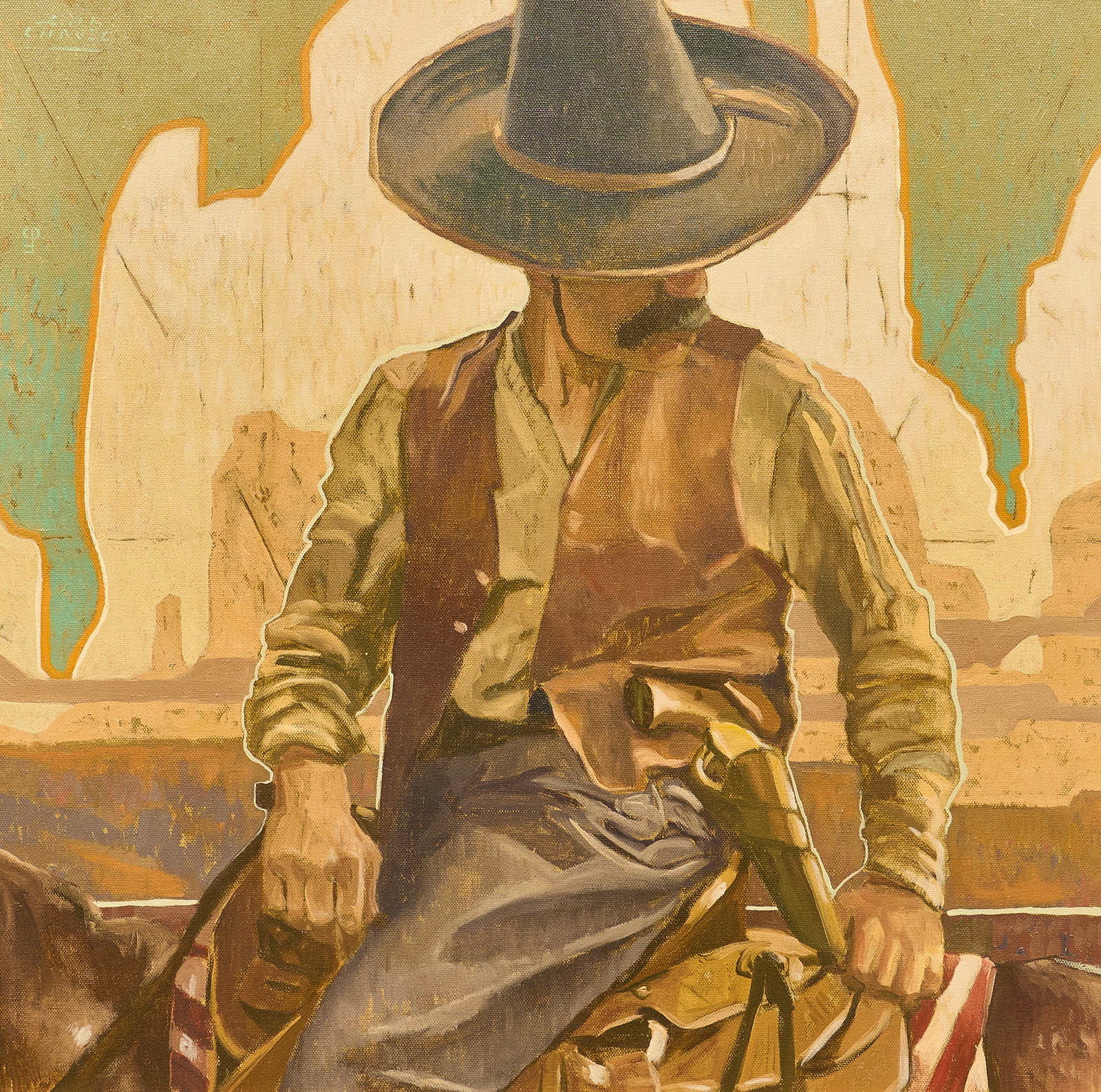 S. M. Chavez, "Companero I": Sean Michael Chavez (Amer., b. 1971), "Companero I", oil on canvas, signed upper left, signed again and titled on the verso sight: 23 x 23 in., frame: 26 x 26 in. Provenance: Prope