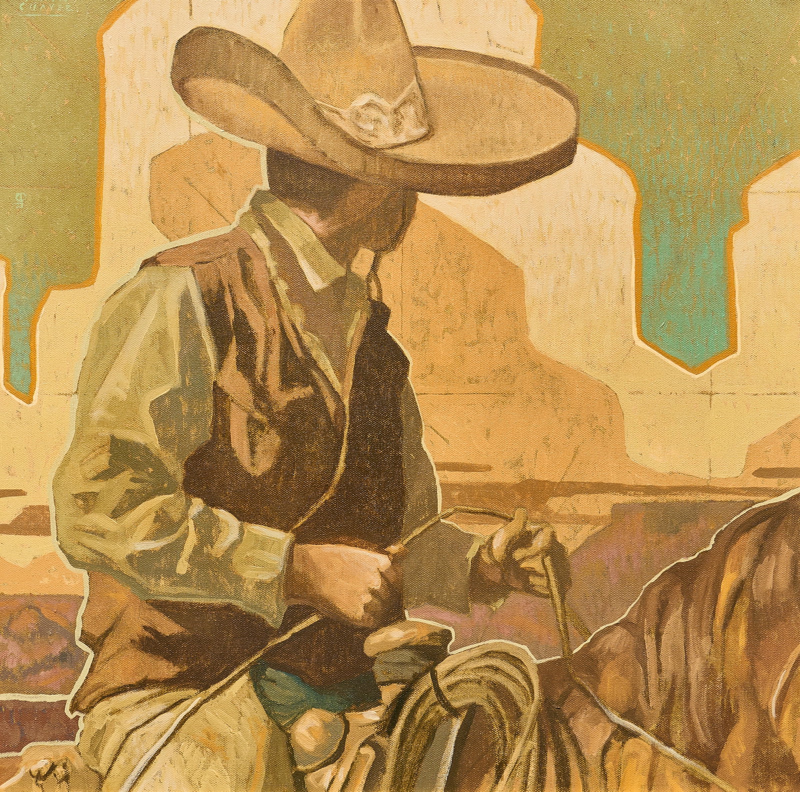 S. M. Chavez, "Companero II": Sean Michael Chavez (Amer., b. 1971), "Companero II", oil on canvas, signed upper left, signed again and titled on the verso sight: 23 x 23 in., frame: 26 x 26 in. Provenance: Prop