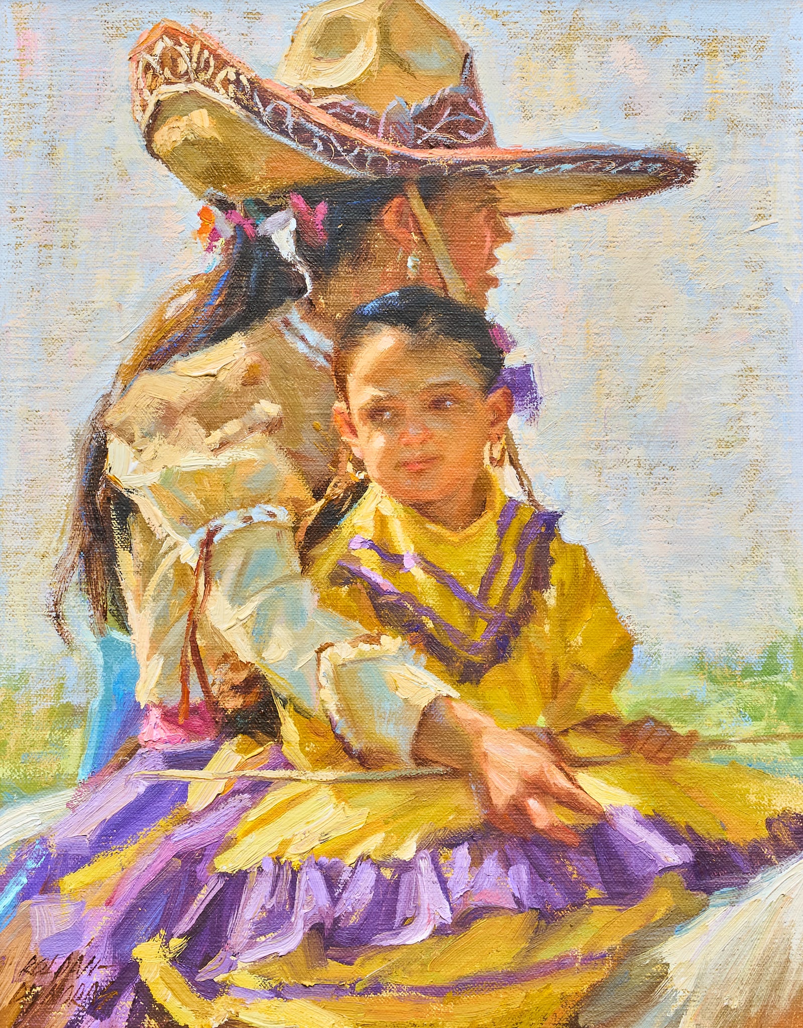 Gladys Roldan-de-Moras, "Family Tradition": Gladys Roldan-de-Moras (Texas / Mexico, b. 1965), "Family Tradition", oil on canvas panel, signed lower left, Insight Gallery (Fredericksburg, Texas) label on the verso Depicting a