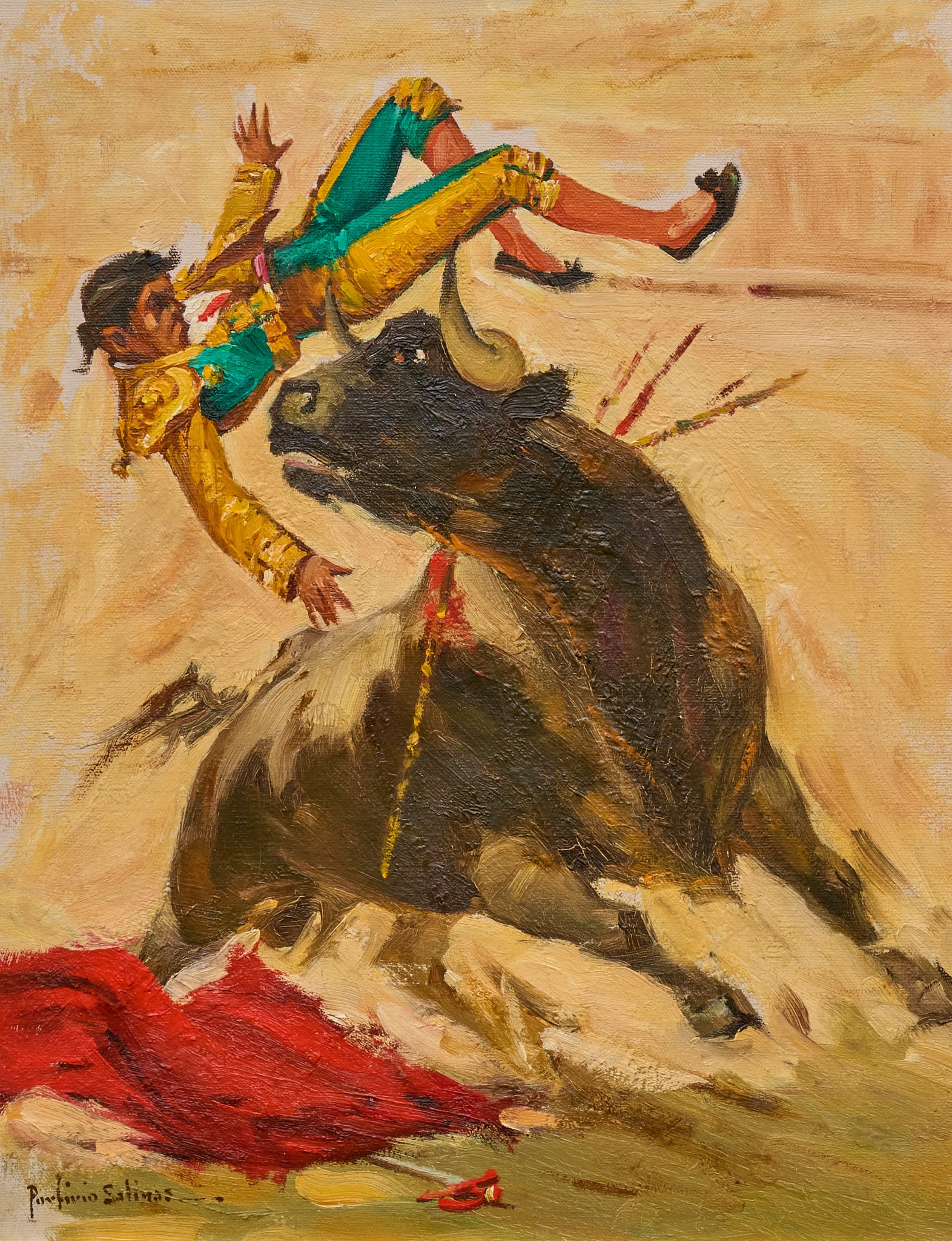 Porfirio Salinas, Bullfight with Matador in Midair: Porfirio Salinas (Texas, 1910-1973), bullfighting scene with bull tossing matador in midair, oil on canvas, signed lower left, subject believed to be Manolete (Manuel Laureano Rodríguez