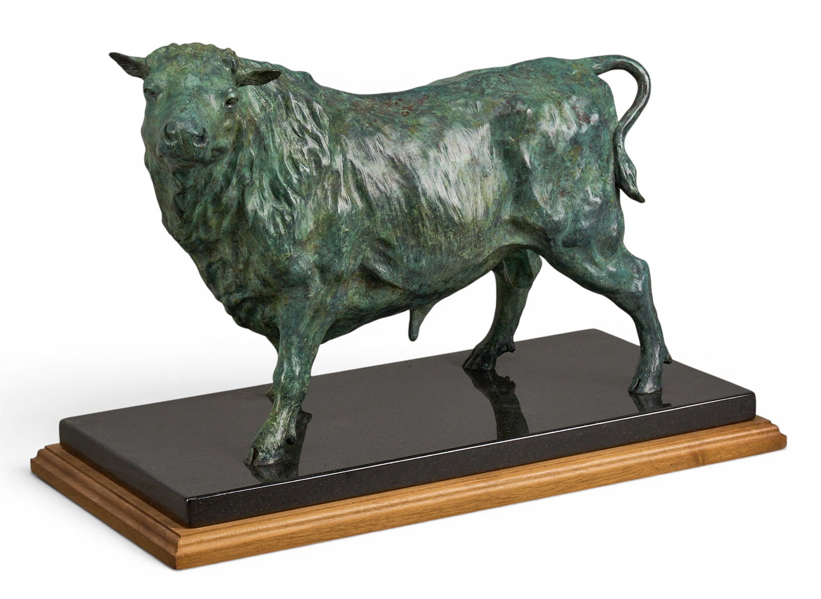 Sam Terakedis, Bull Bronze: Sam Terakedis (Montana / Ohio, b. 1952), standing bull, artist-cast bronze sculpture on stone slab and wooden base, with incised signature, edition number 1/30, and date, 1999 height 12.5 in. x w