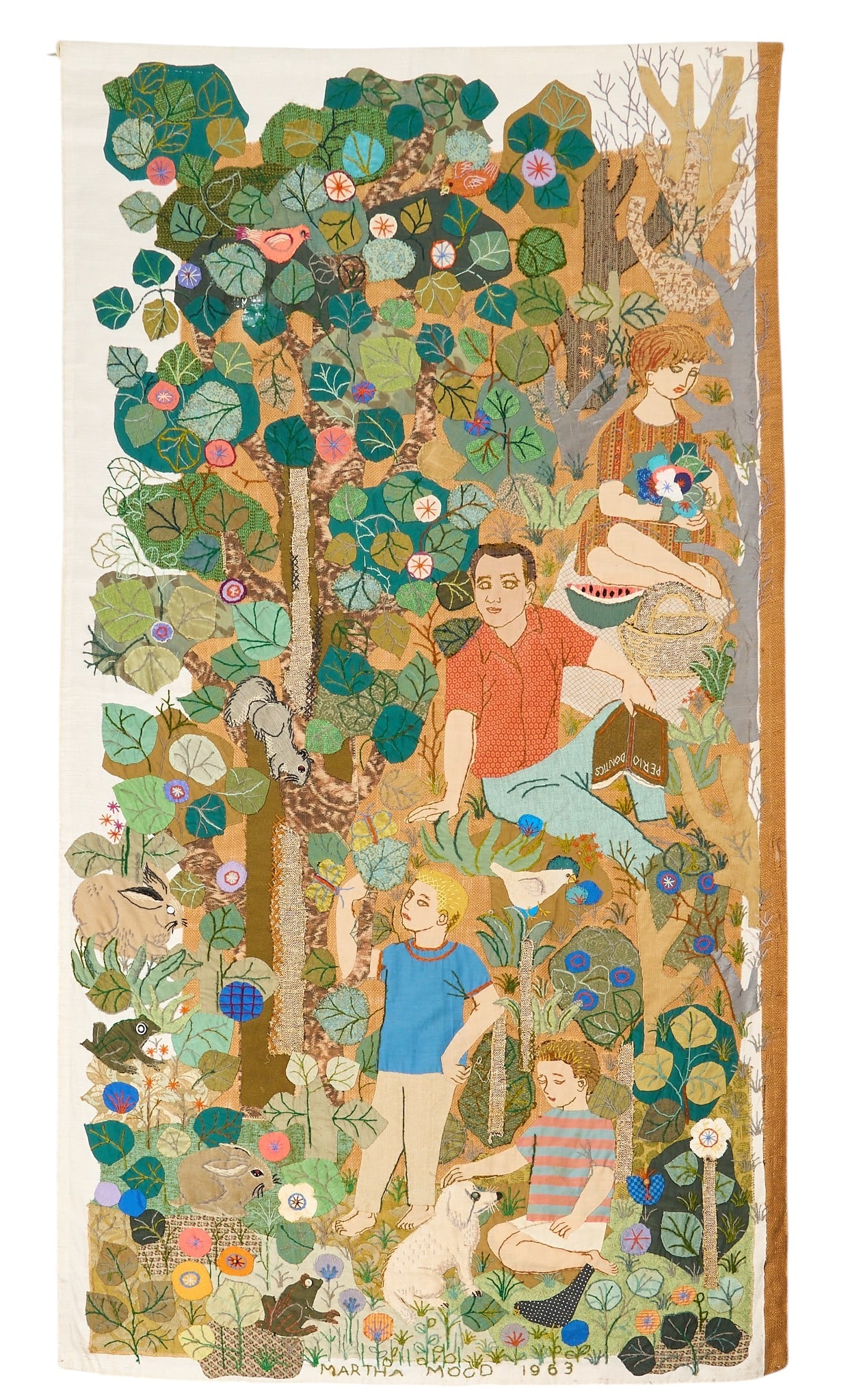 Martha Mood, Family and Wildlife Stitchery: Martha Mood (Texas, 1908-1972), family picnic with Texas wildlife, hand-embroidered textile stitchery on fabric, sewn to burlap backing, embroidered signature and date lower center, 1963 length