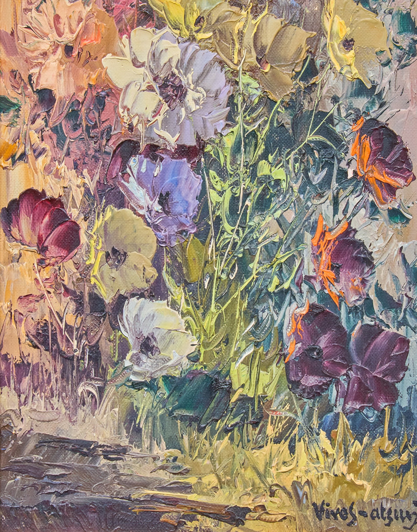 Jose Vives-Atsara, "Wild Flowers": Jose Vives-Atsara (Spain / San Antonio, Texas, 1919-2004), "Wild Flowers", oil on canvas panel, signed lower right, signed again and dated on the verso, 1969 sight: 10 x 8 in., frame: 16 x