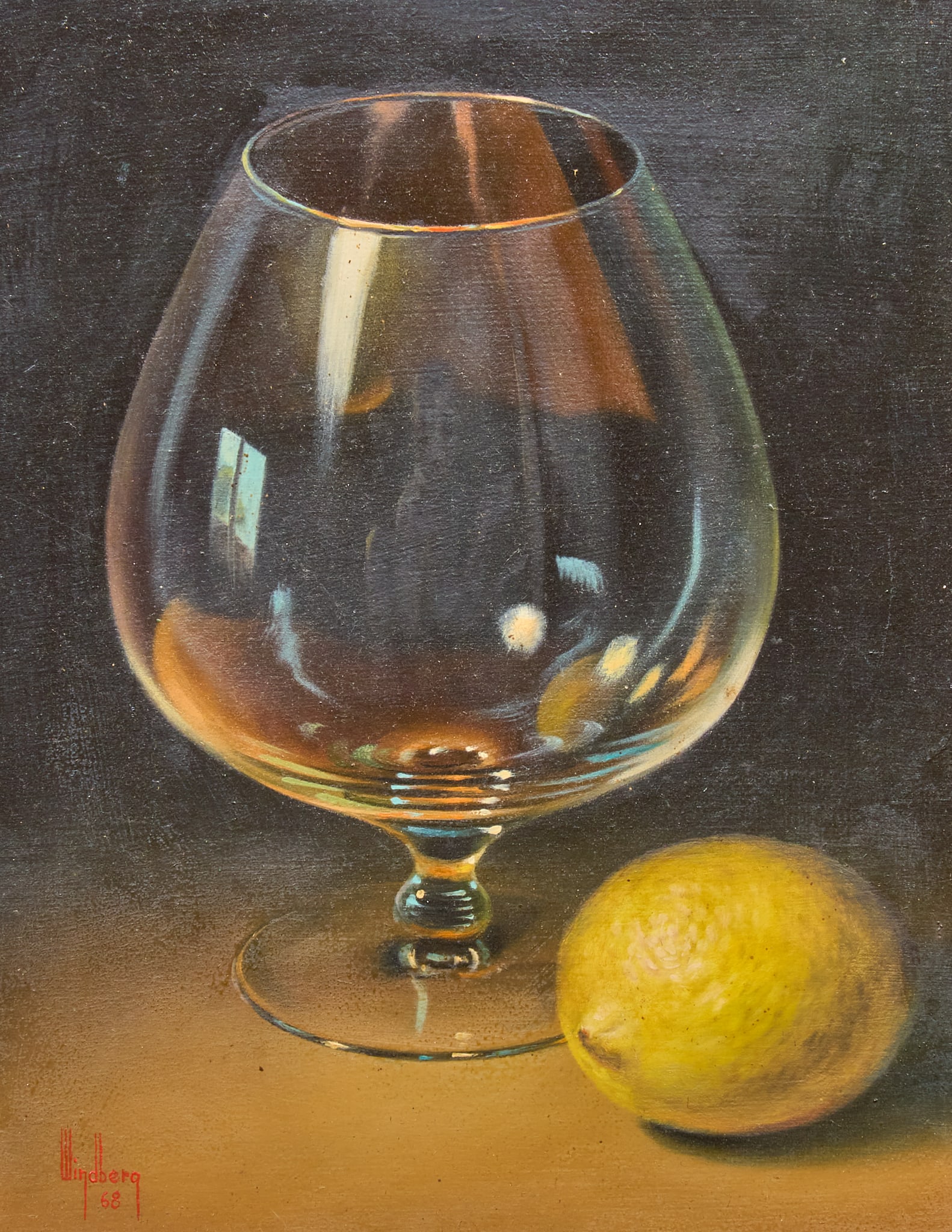 Dalhart Windberg, Still Life with Lemon: Dalhart Windberg (Texas, b. 1933), still life with brandy snifter and lemon, oil on panel, signed and dated lower left, 1968 sight: 10 x 8 in., frame: 18 x 16 in. Provenance: Property from a