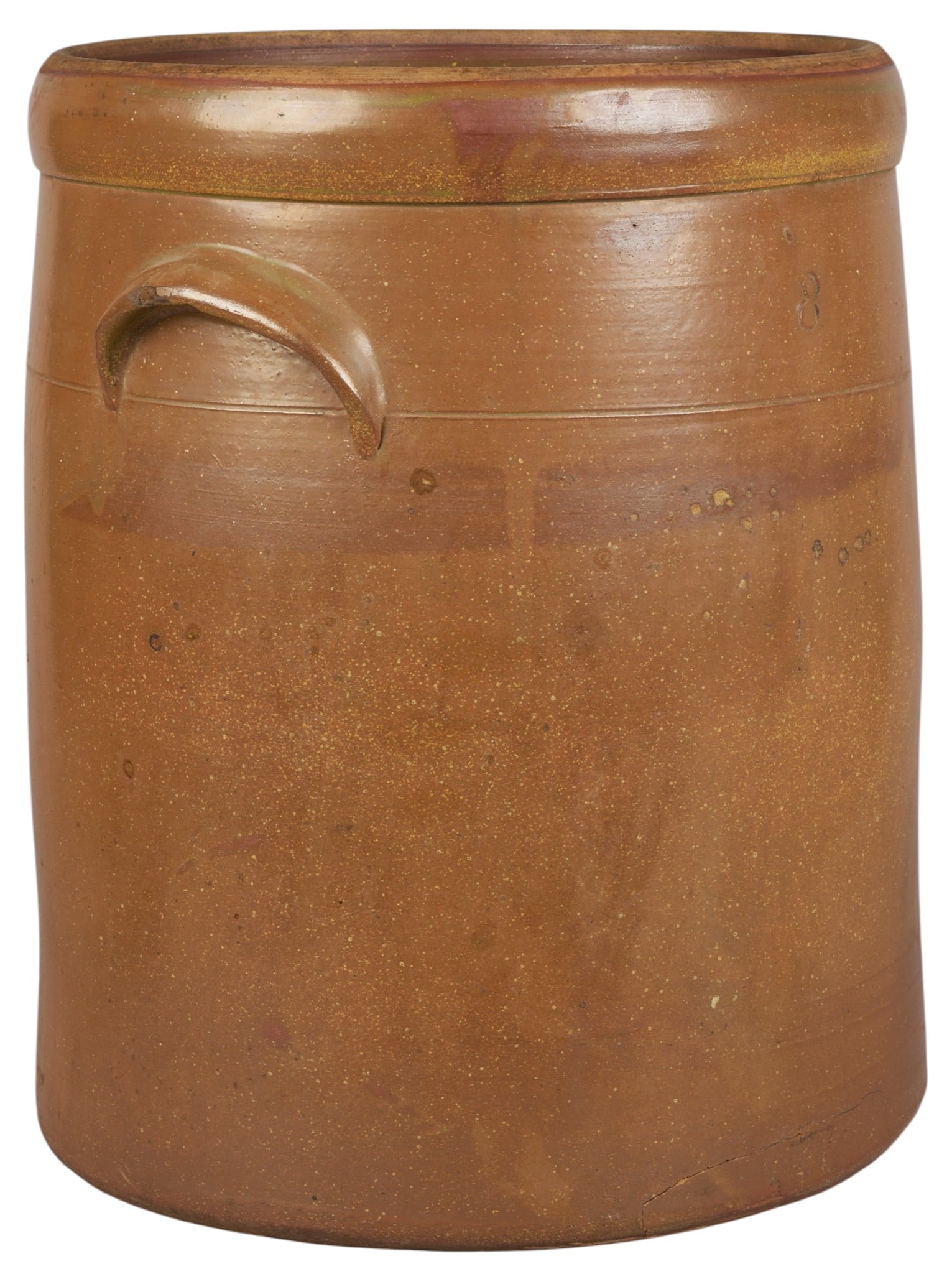 Meyer Pottery, 8 Gallon Crock: Meyer Pottery (Atascosa, Texas), eight gallon stoneware crock, glazed height 17 in. x width 14 in. x depth 13 in. Provenance: Property from a historic home in the Olmos Park neighborhood of San Antoni