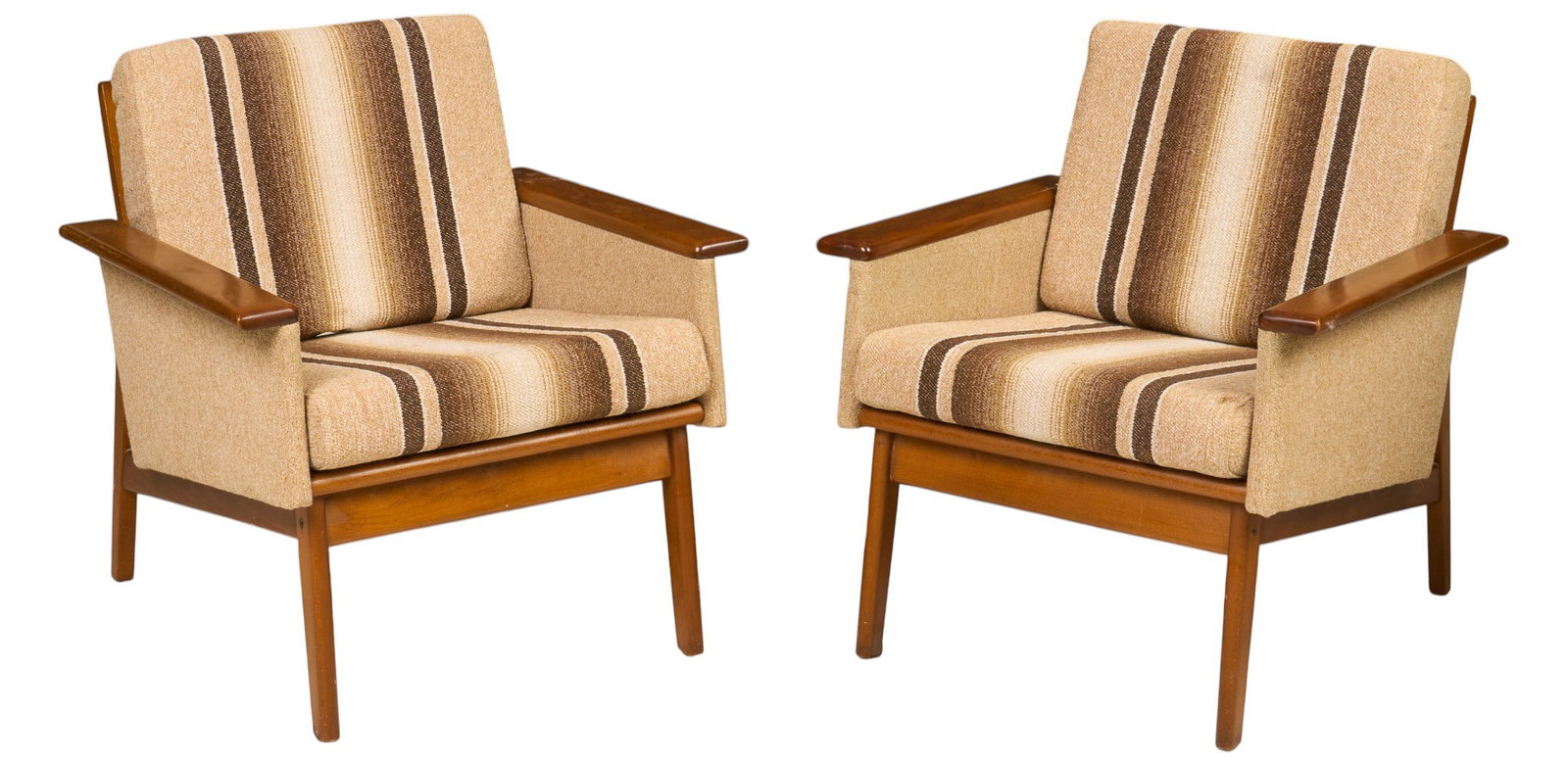 Pair of Danish Mid-Century Armchairs: Pair of Danish mid-century armchairs featuring striped upholstery in shades of beige, brown, and cream, wooden armrests, raised on splayed block legs height 27 in. x width 28 in. x depth 28 in.