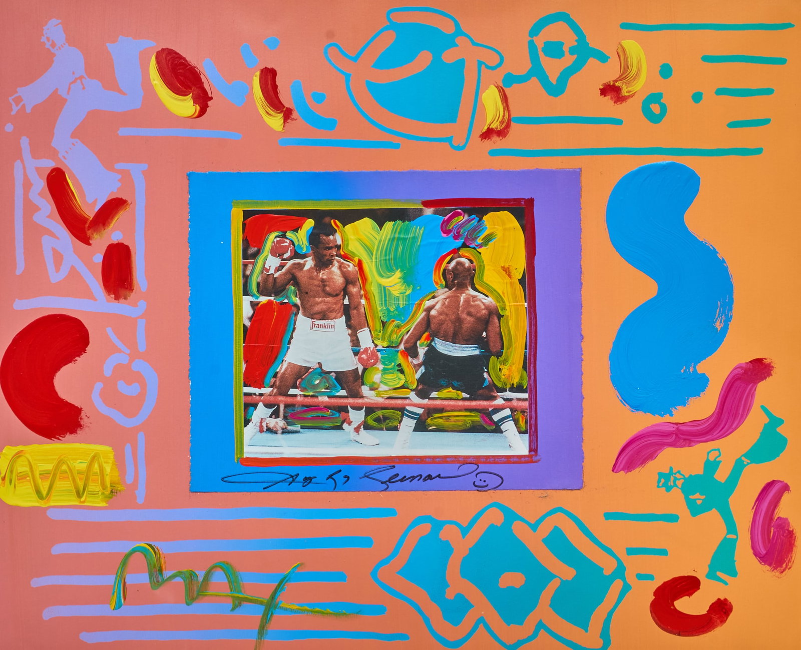 Peter Max, "Sugar Ray Collage": Peter Max (New York / Germany, b. 1937), double-signed "Sugar Ray Collage", from the Muhammad Ali series, mixed media collage including acrylics and boxing match photographic print, signed