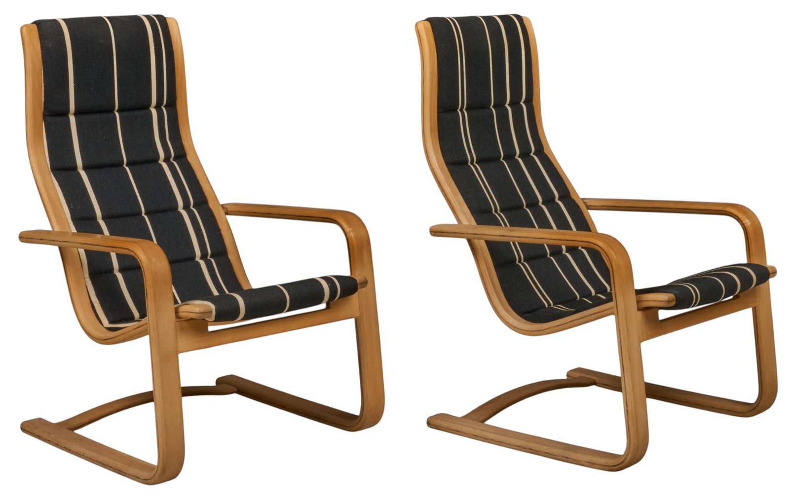 Pair of Danish Mid-Century Armchairs: Pair of Danish mid-century armchairs featuring bentwood frames and black and white striped upholstered cushions height 39.5 in. x width 25.5 in. x depth 29 in. / each