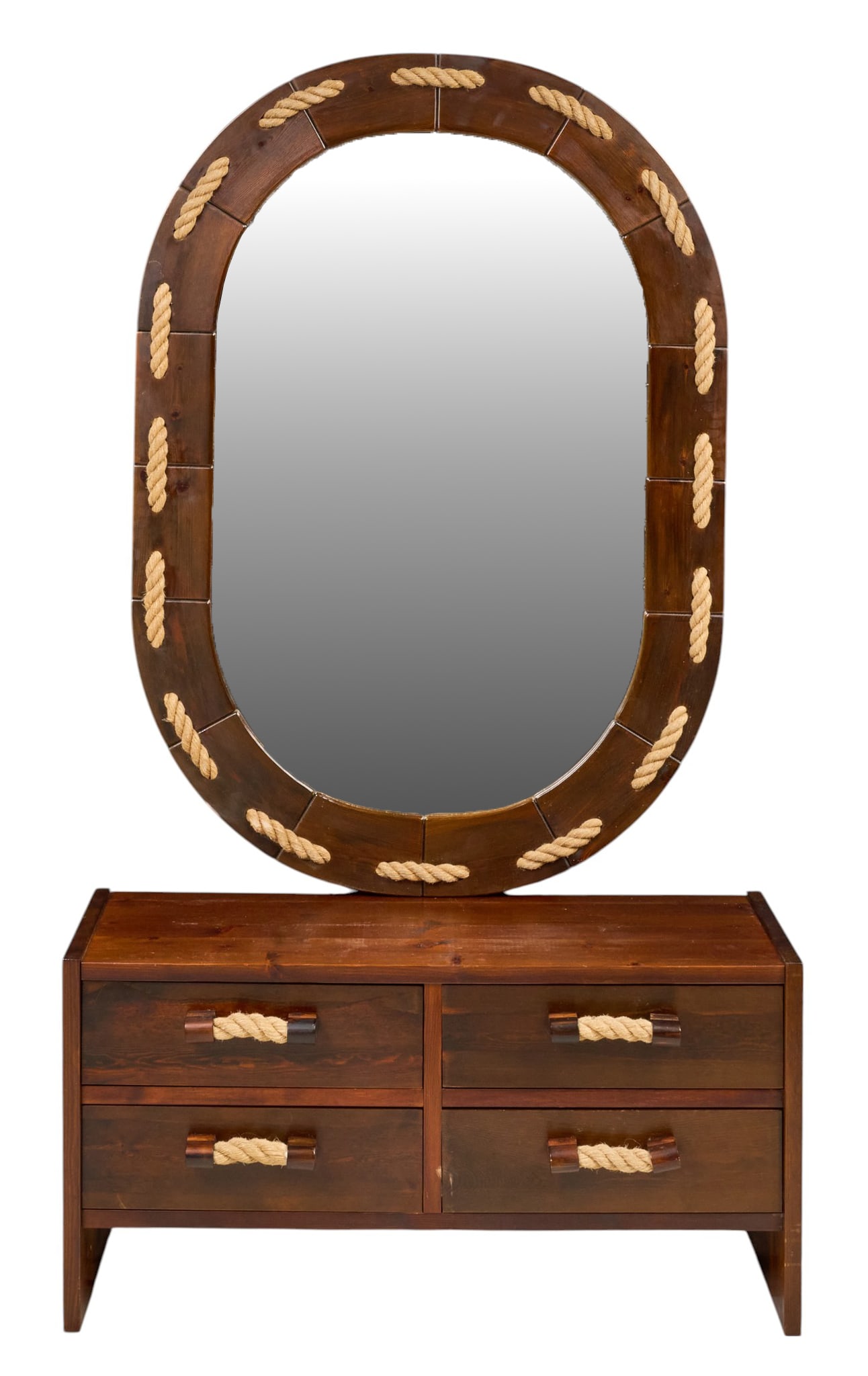 Danish Mid-Century Console and Mirror: Danish mid-century console table and mirror, darkwood, with twisted rope motif height 69.5 in. x width 39.5 in. x depth 14 in. 