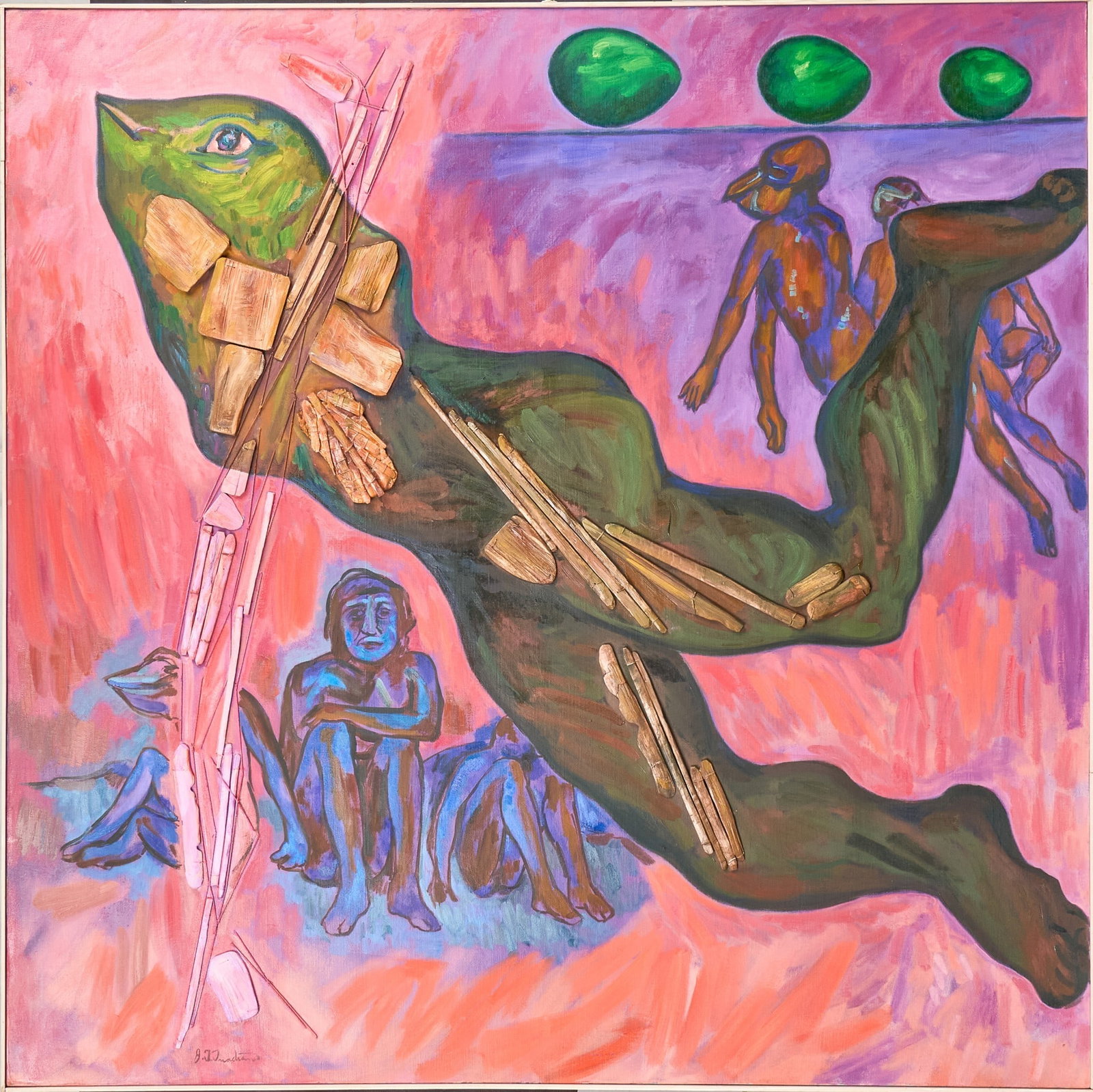 Jose Guadiana, Mystical Figures: Jose Guadalupe Guadiana (1929-2012, Mexico / San Antonio, Texas), mystical figures in space, oil on canvas with hand-sewn wood fragments, signed lower left, signed again and dated 1988 on