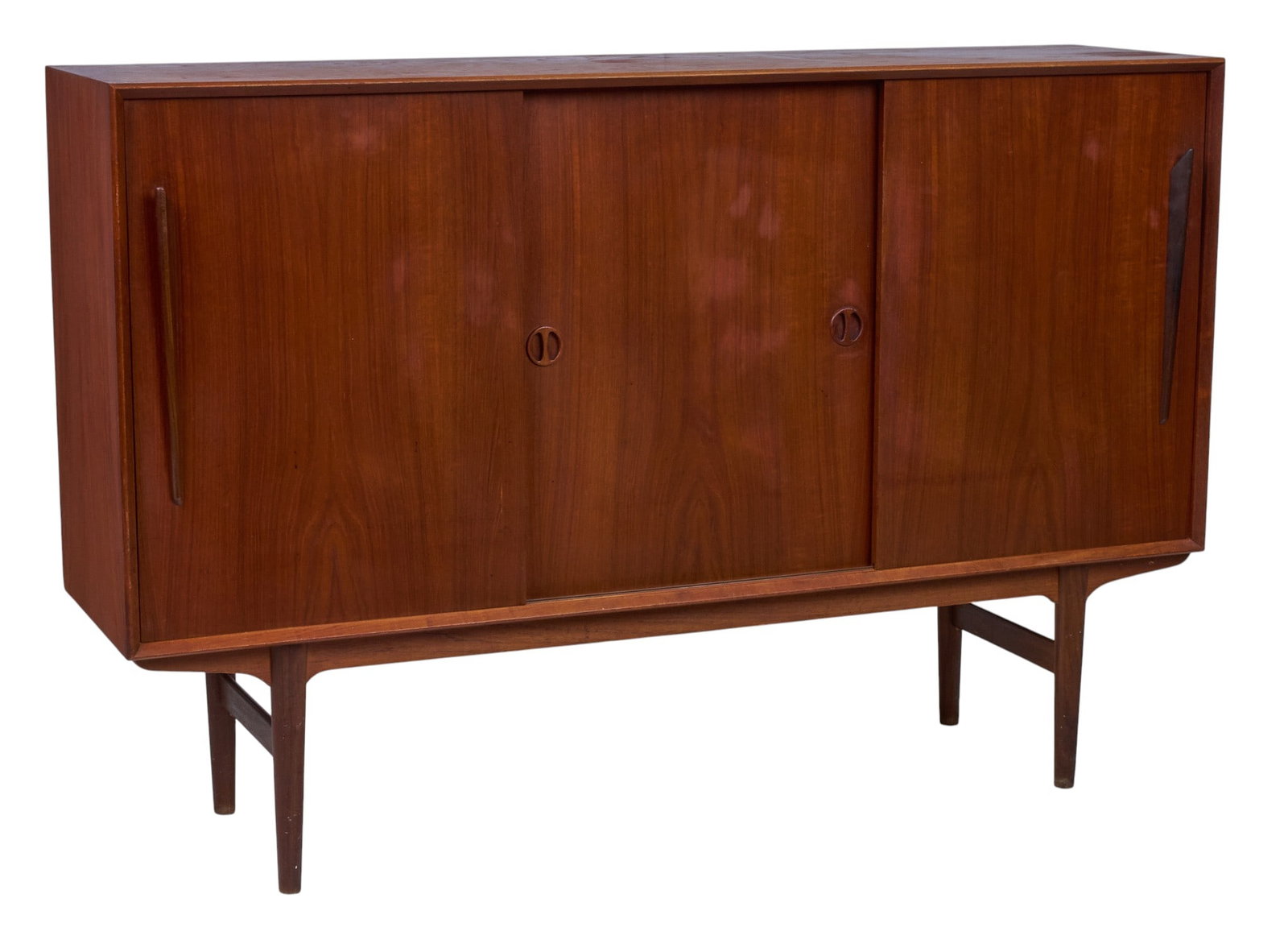 Danish Mid-Century Credenza: Danish mid-century credenza with three sliding cabinet doors opening to shelved interior with mirrored-back dry bar and flatware trays, supported on tubular legs height 44 in. x width 66.5 in. x