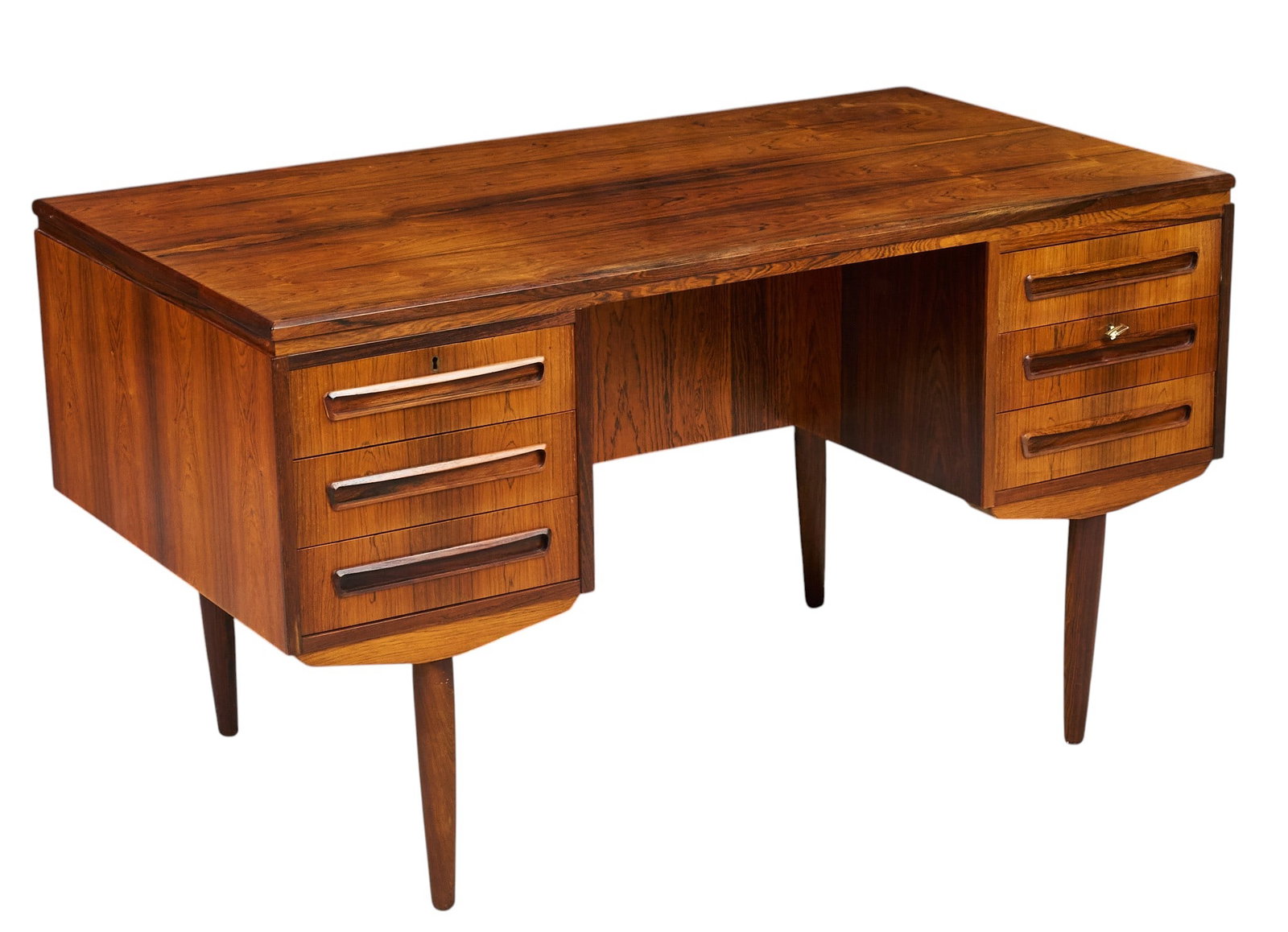 Danish Mid-Century Kneehole Desk: Danish mid-century kneehole desk with six drawers on front, and fitted storage on backside, includes one key, supported on pin legs height 29 in. x width 51 in. x depth 28 in. 