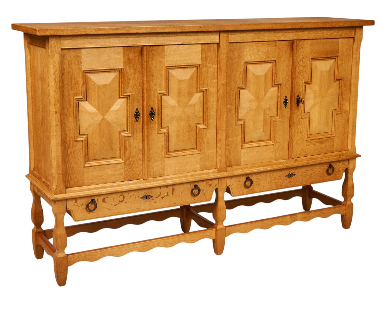 Henning Kjaernulf, Mid-Century Credenza: Henning Kjaernulf (Denmark) tallboy with paneled doors and interior shelving above two drawers, supported on block legs with stretcher height 49.75 in. x width 77.5 in. x depth 19.25 in. 