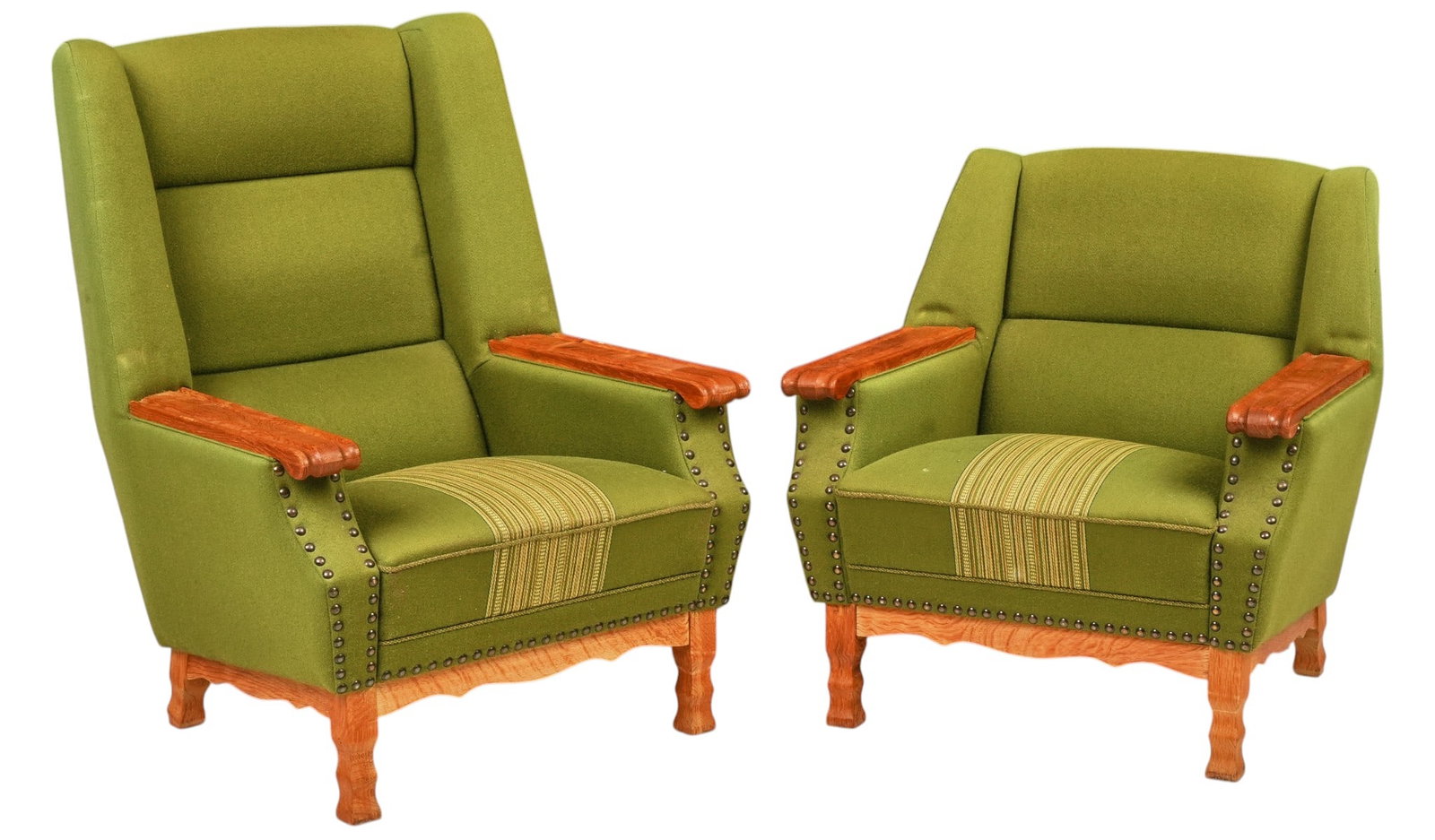 Pair of Danish Mid-Century Upholstered Lounge Chairs: Pair of Danish mid-century lounge chairs, green upholstered frames with contrasting striped seat panels, carved wood armrests, brass nailhead trim and shaped wood legs, comprising one high-back and on