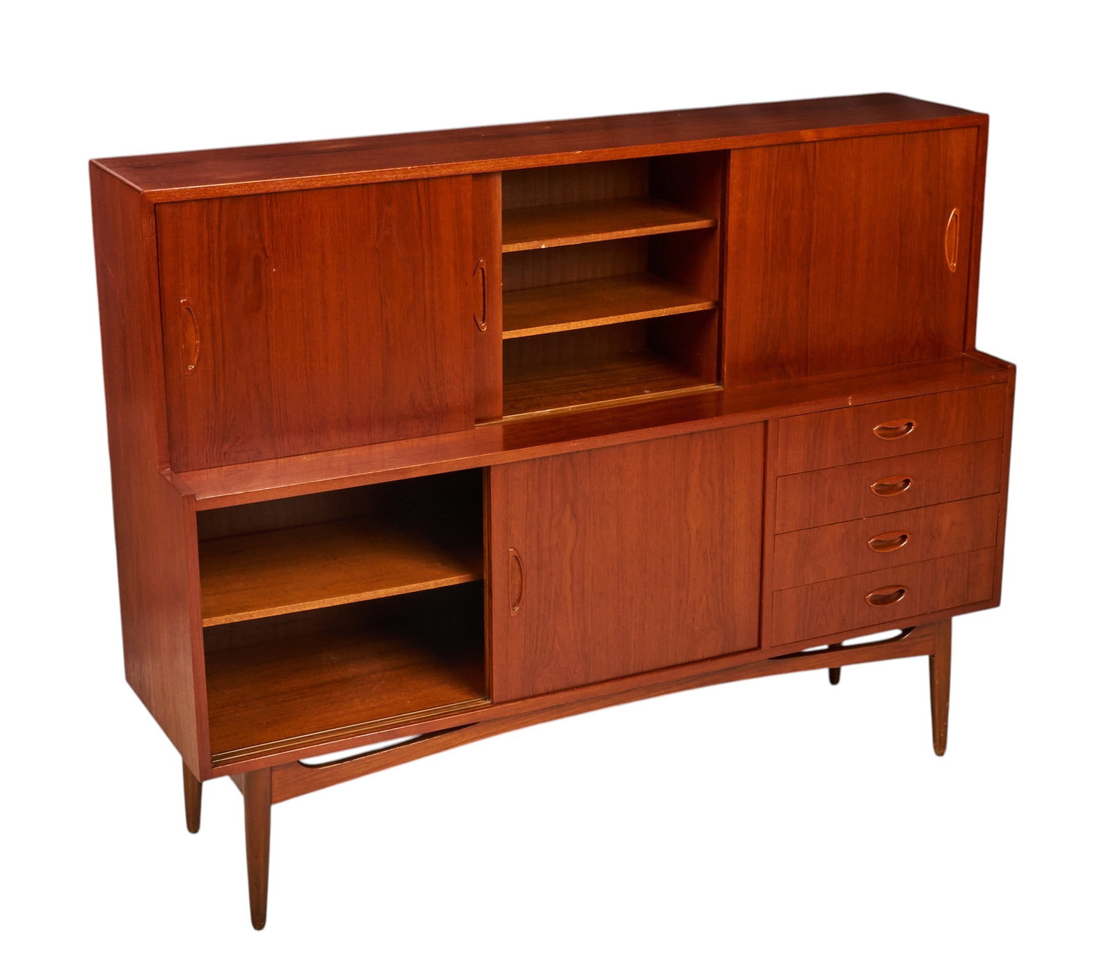Danish Mid-Century Credenza: Danish mid-century credenza with sliding cabinet doors, mirrored dry bar in top portion, and stack of four drawers on lower section, supported on pin legs height 47 in. x width 60.5 in. x depth 16.5 i
