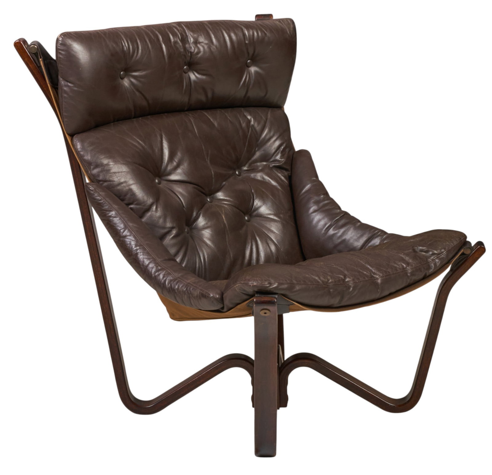 Jim Myrstad for Brunstad Mobelfabrik "Viking" Leather Lounge Chair: Norwegian mid-century "Viking" lounge chair, designed by Jim Myrstad for Brunstad Mobelfabrik, featuring tufted dark brown leather upholstery with a high back, on dark wooden 