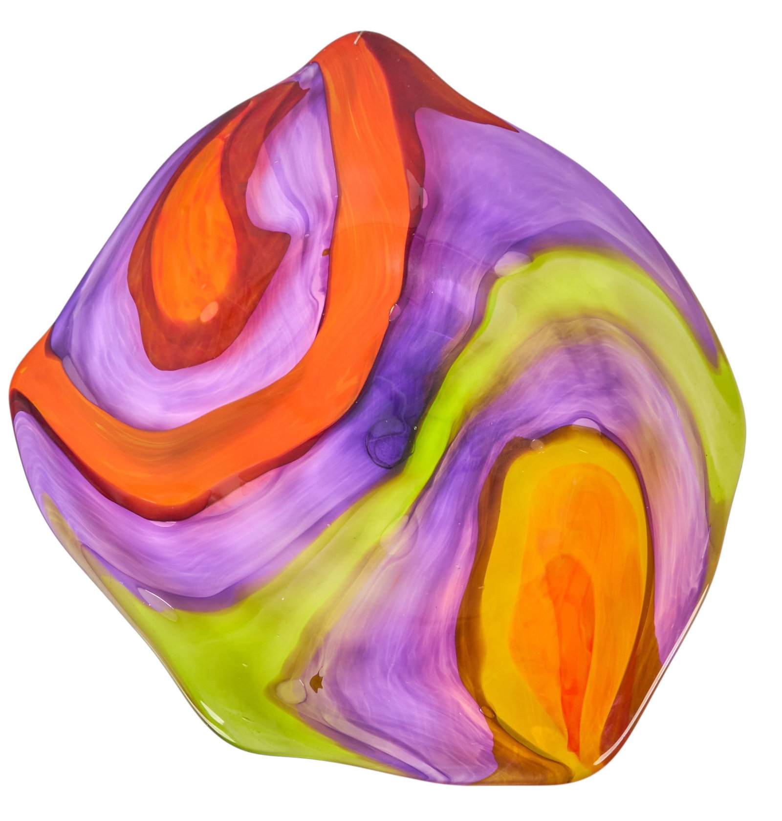 Garcia Art Glass, Swirl Pattern Charger: Garcia Art Glass (Gini Garcia, San Antonio, Texas), large hand-blown art glass charger with swirled red, orange, purple, and lime height 31 in. x width 28.5 in. x depth 3 in. Provenance: Pro