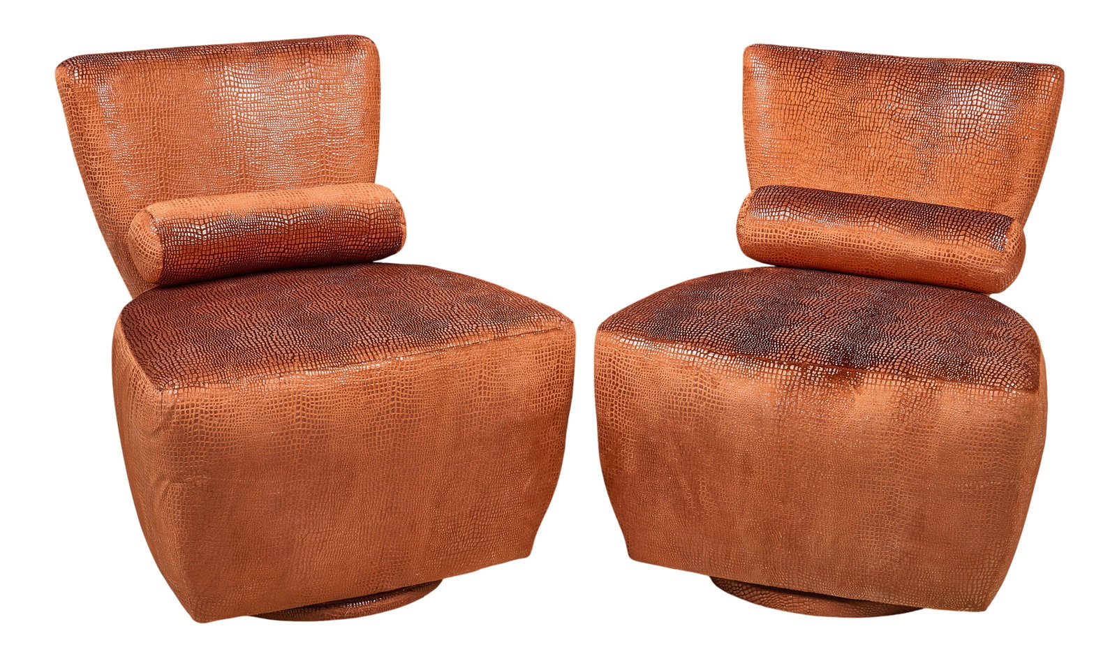 Pair of Erwin-Lambeth Mid-Century Modern Chairs: Pair of Erwin-Lambeth for Carter Furniture mid-century modern swivel chairs with reptile print fabric upholstery height 32 in. x width 29.5 in. x depth 28 in. / each Provenance: Property from a home i