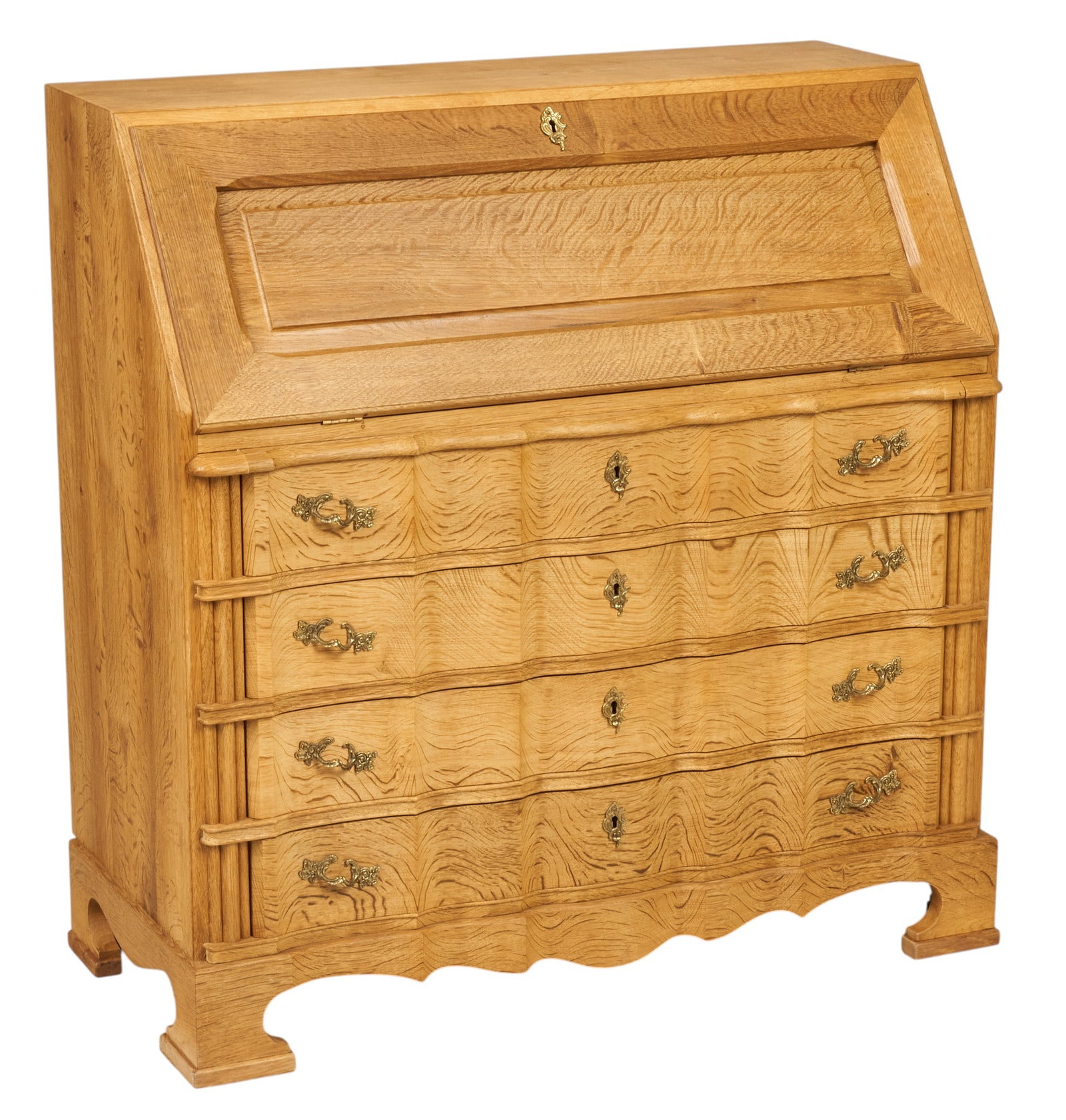 Danish Mid-Century Secretary: Danish mid-century oak secretary with paneled drop-front door supported by two extending supports, reveals fitted storage above stack of four full-width serpentine drawers with decorative brass pulls,