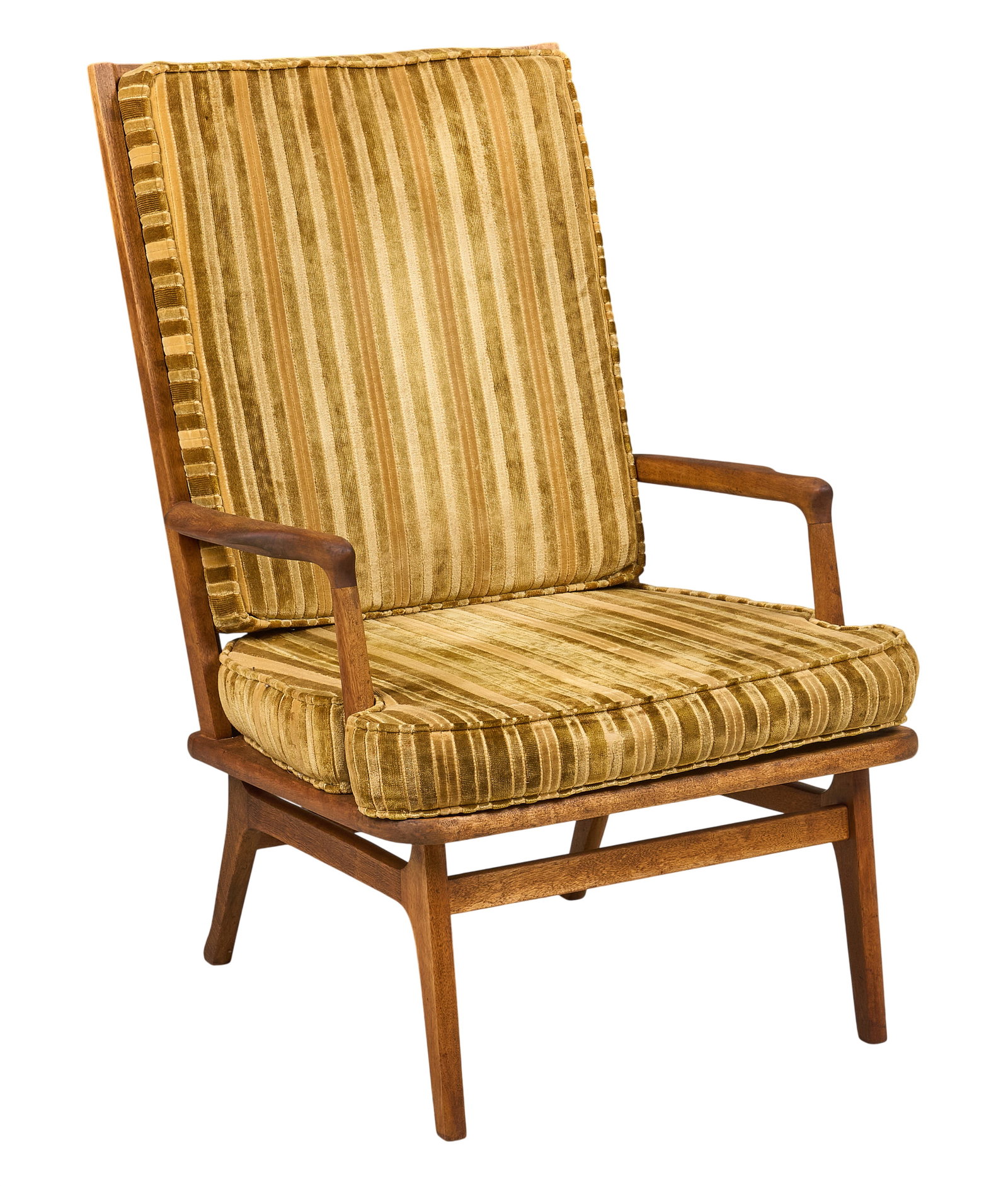Mid-Century Lounge Chair: Mid-century wooden lounge chair with refurbished frame, and original gold and yellow striped velvet fabric, circa 1960s height 38 in. x width 26.5 in. x depth 30 in. Provenance: Property from a