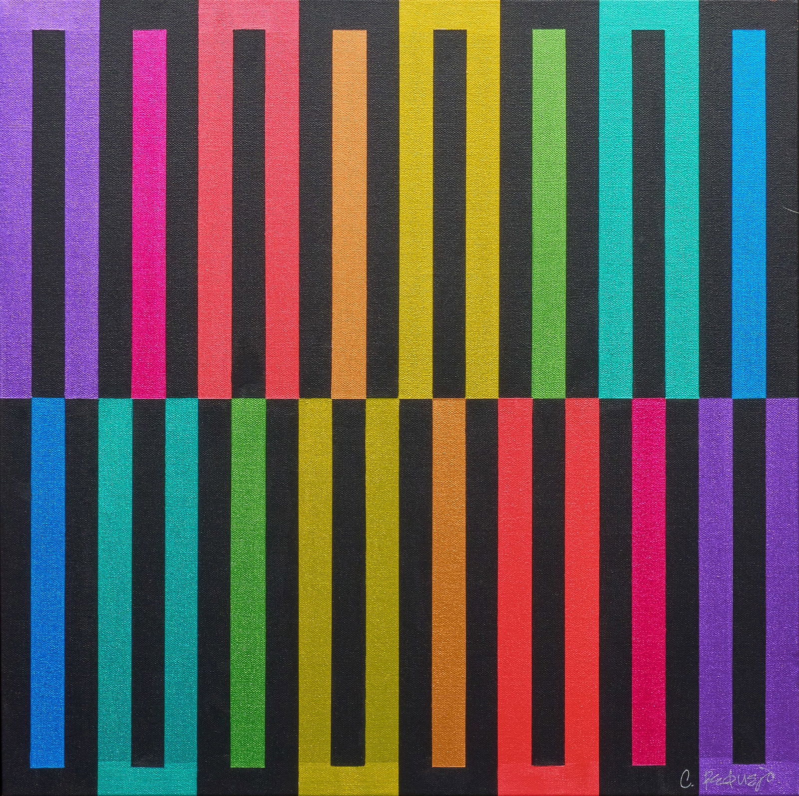 Camilo Requejo, "Metallic Rainbow II": Camilo Requejo (Mexico / Texas, b. 1976), "Metallic Rainbow II", acrylic on canvas, signed lower right sight: 24 x 24 in., frame: 25 x 25 in. Provenance: Property from a home in