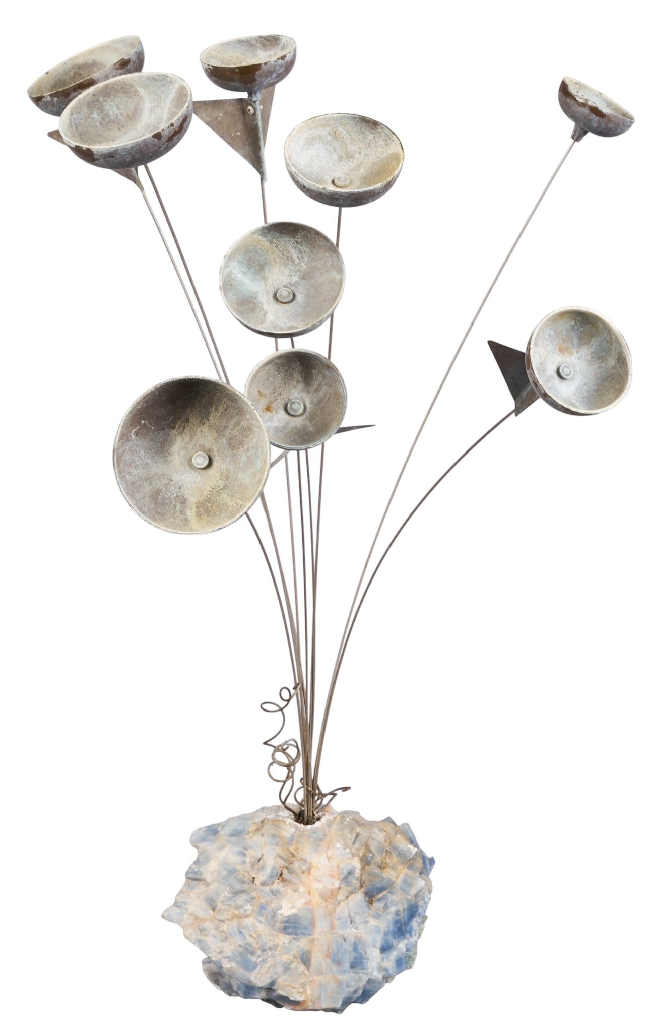 Brutalist Garden Bell Sculpture: Vintage Brutalist style metal and stone kinetic garden bell sculpture, resembling a floral arrangement with cymbal-like bell cups with aged patina on metal stalks rooted in natural geode bas