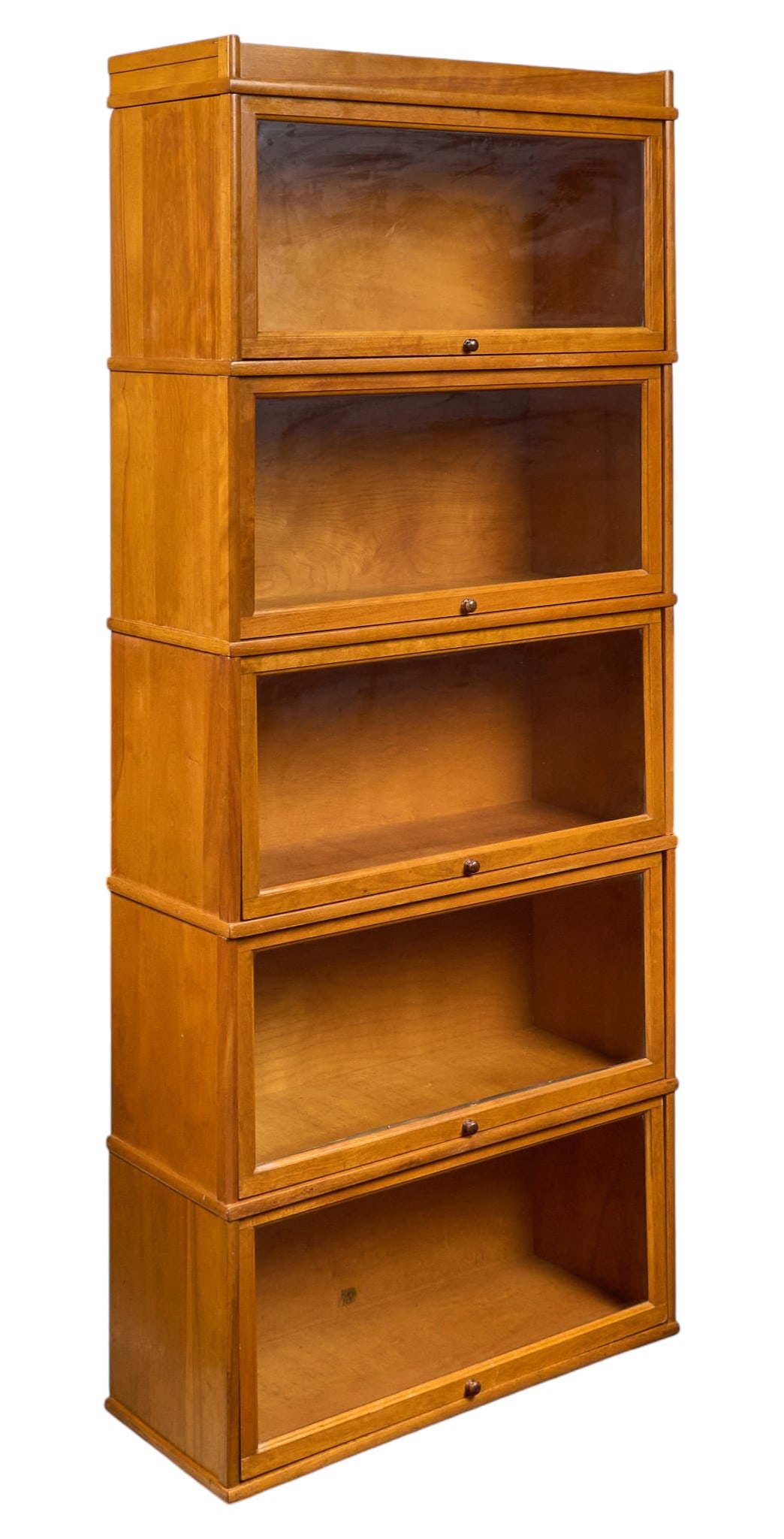 Remington Rand Mid-Century Stacking Bookcase: Remington & Rand, Library Bureau Division stacking modular bookcase with five glass-front tiers with crown, circa 1950s height 81 in. x width 34.5 in. x depth 13.5 in. Provenance: Property