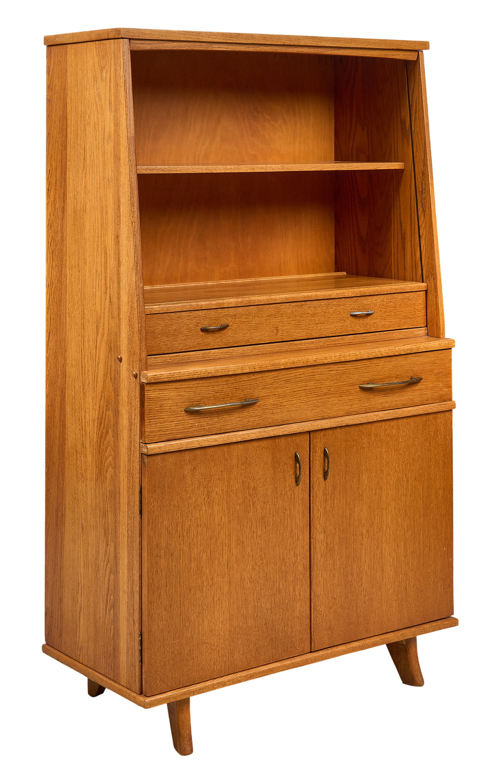 Meier & Pohlmann, Mid-Century Bureau: Meier & Pohlmann marked mid-century bureau with open shelf, two drawers, and lower cabinet, supported on curved legs height 61.5 in. x width 35.5 in. x depth 18.5 in. Provenance: Property