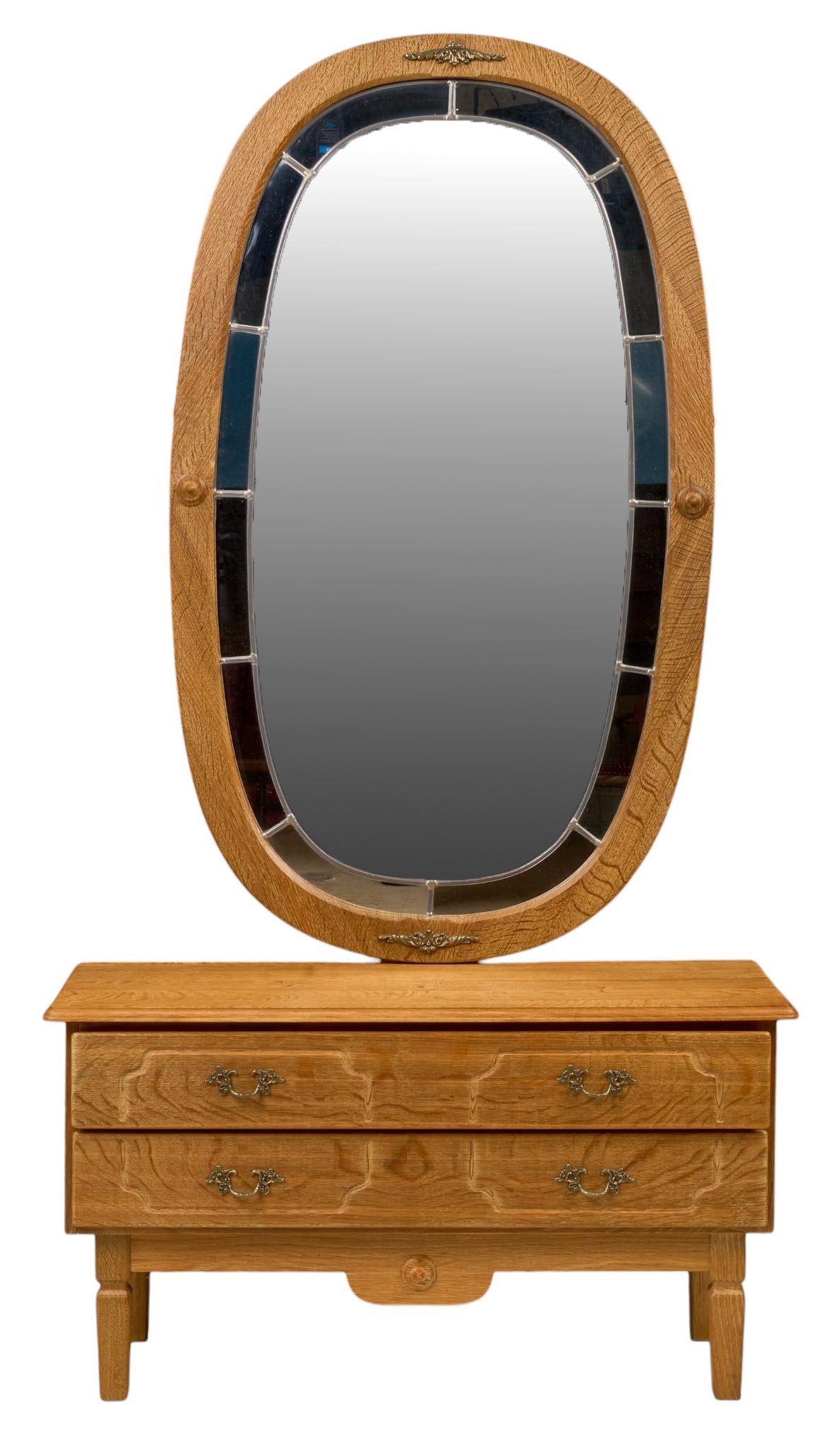 Danish Mid-Century Mirror and Console: Danish mid-century console with two drawers, and mirror height 19 in. x width 35.5 in. x depth 13 in. / console 