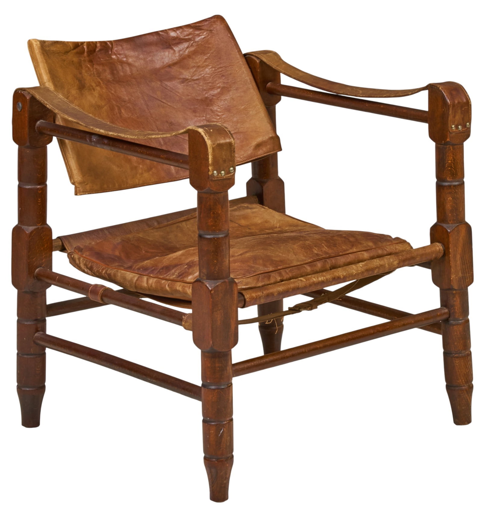 Mid-Century Safari Chair: Mid-century safari chair with distressed Italian leather upholstery and armrests, on turned wooden frame height 26.5 in. x width 22 in. x depth 26 in. Provenance: Property from a home in San Antonio, 