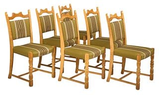 Set of (6) Henning Kjaernulf Mid-Century Dining Chairs: Set of six Henning Kjaernulf (Denmark) oak dining chairs with curved back frame, sculptured block legs, and striped upholstery with iron nailhead trim height 36 in. x width 18 in x depth 19 in.