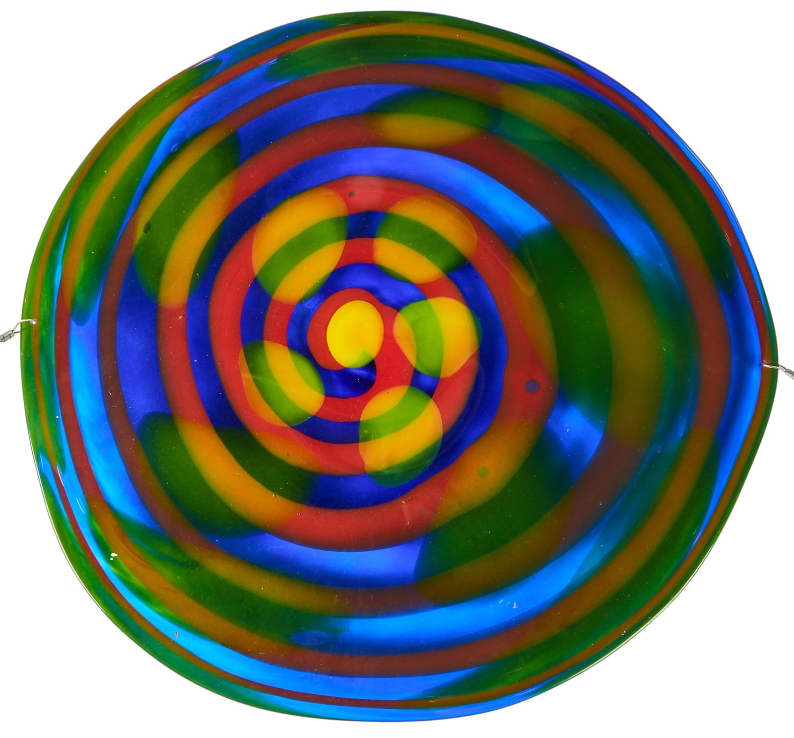 Garcia Art Glass, Spiral and Dot Charger: Garcia Art Glass (Gini Garcia, San Antonio, Texas), large hand-blown art glass charger with multi color spiral and yellow dots, with gallery sticker on the underside height 22 in. x width